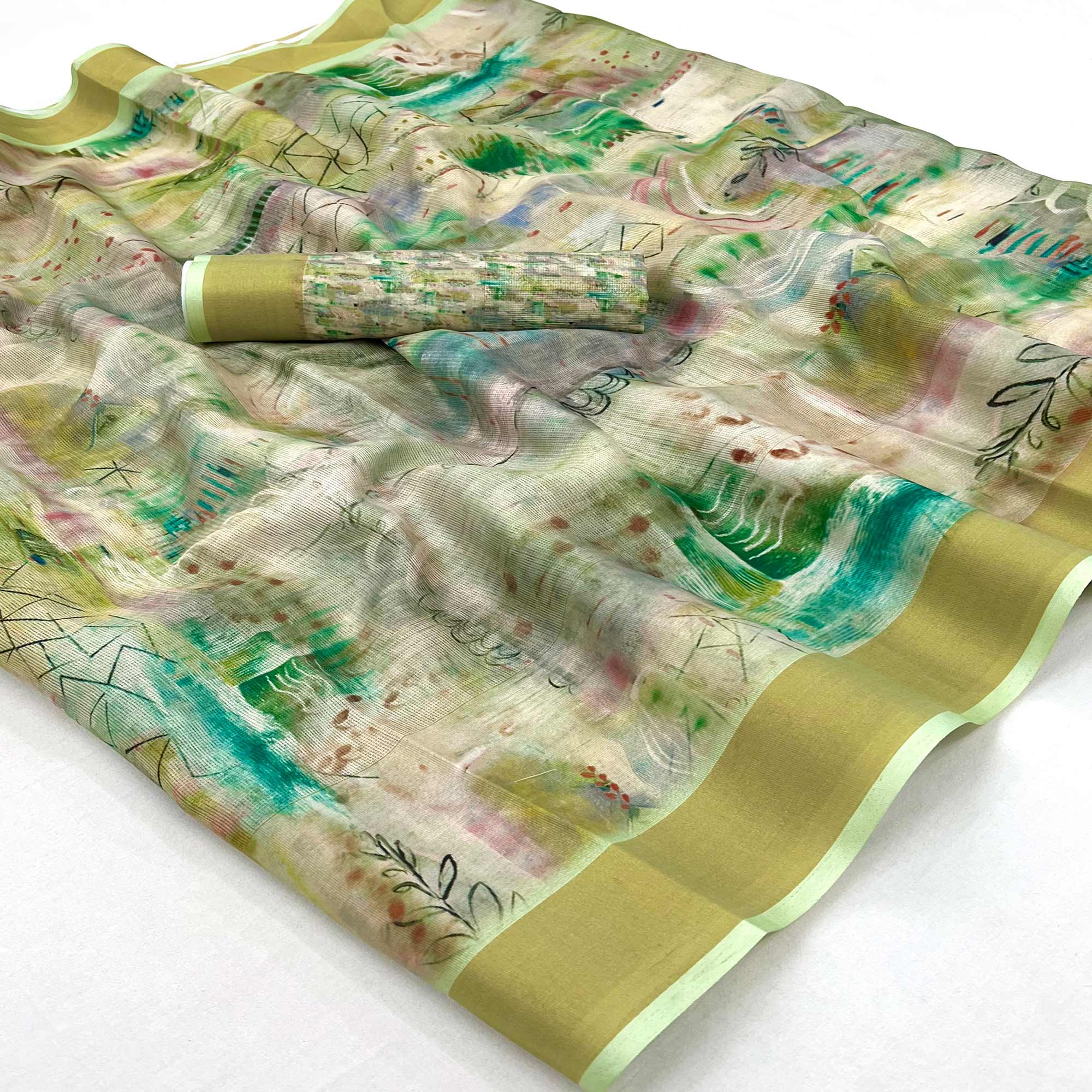 Green Floral Digital Printed Cotton Blend Saree