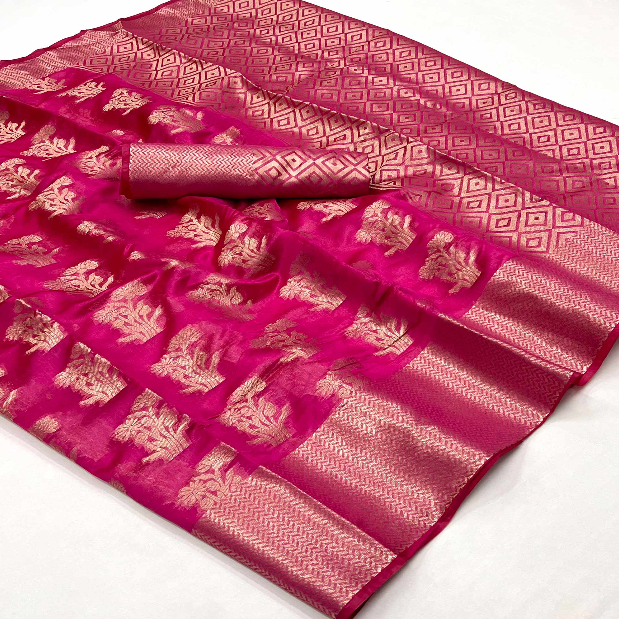 Rani Pink Floral Woven Organza Saree
