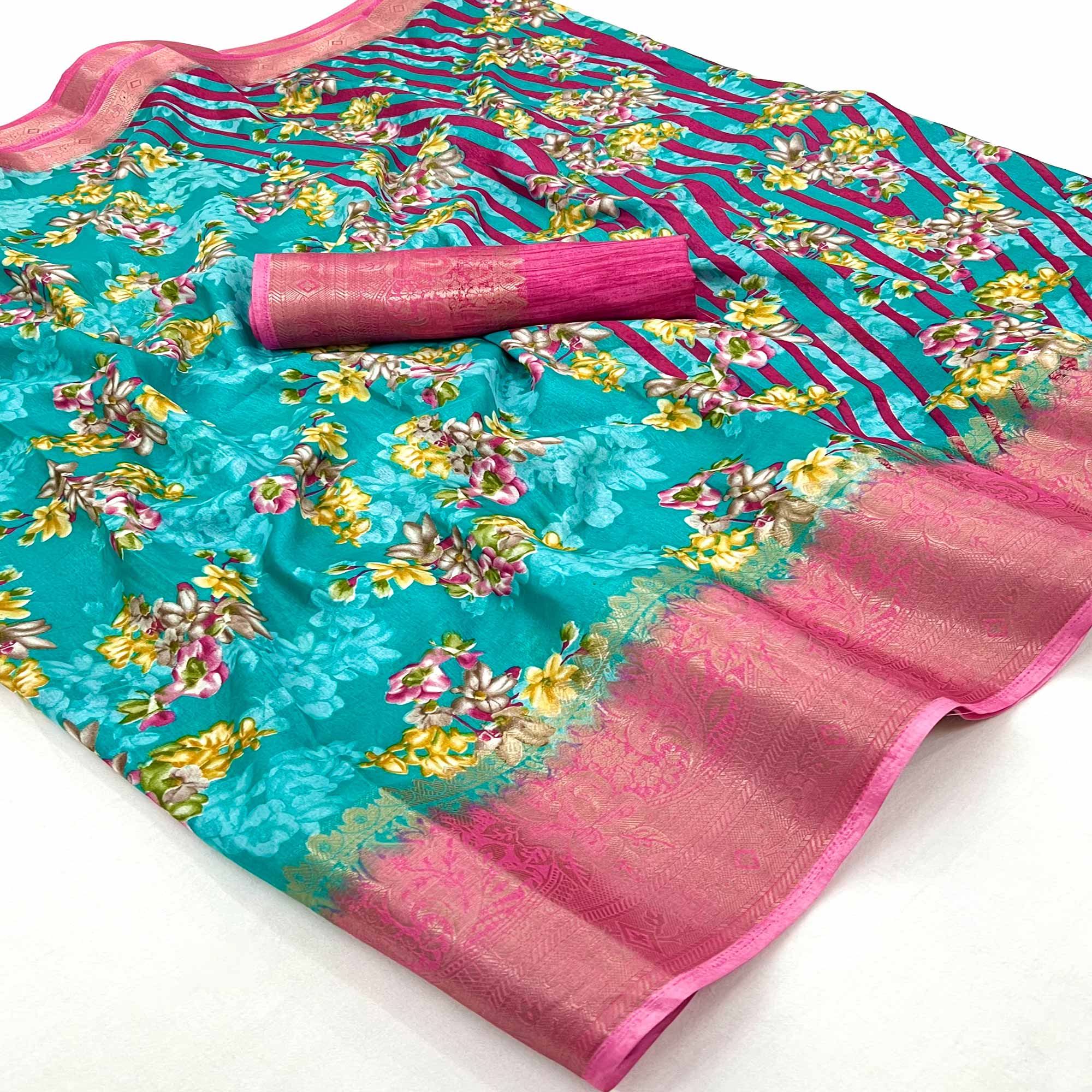 Rama Blue Floral Printed With Woven Border Dola Silk Saree