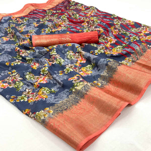 Grey Floral Printed With Woven Border Dola Silk Saree