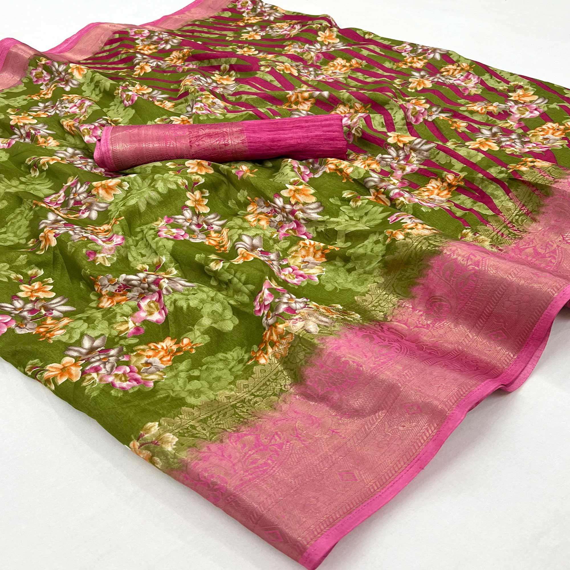 Green Floral Printed With Woven Border Dola Silk Saree