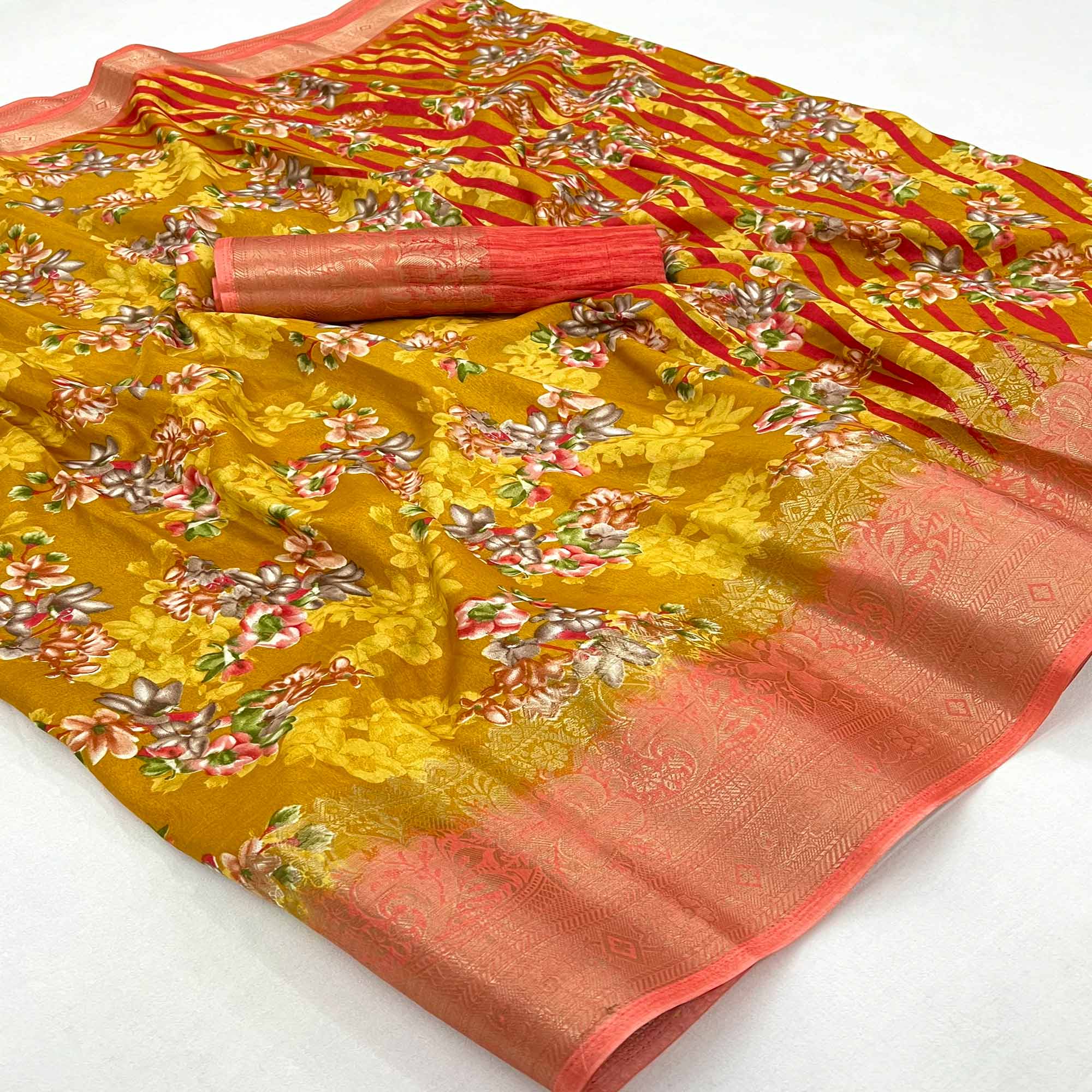 Mustard Floral Printed With Woven Border Dola Silk Saree