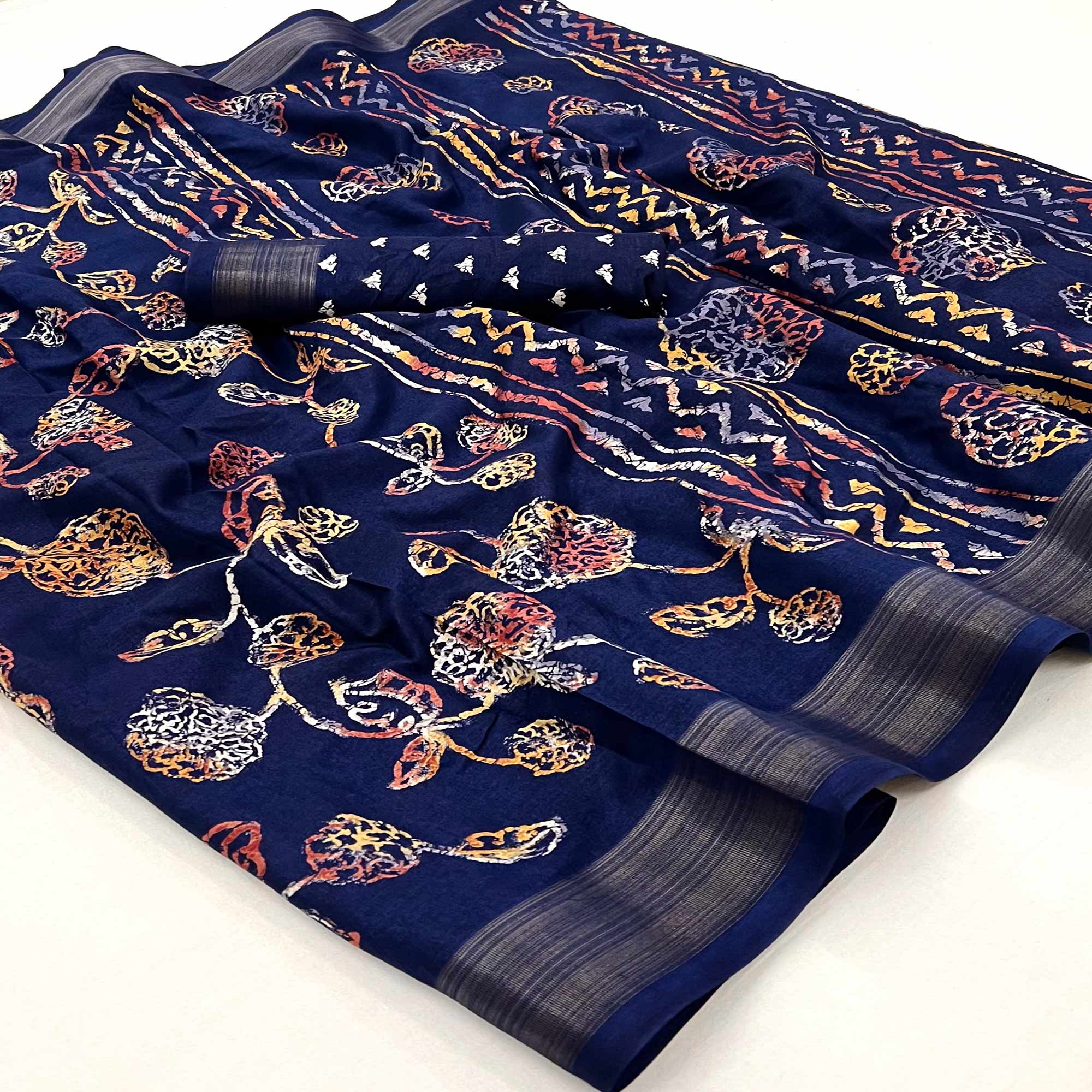 Blue Floral Printed Dola Silk Saree