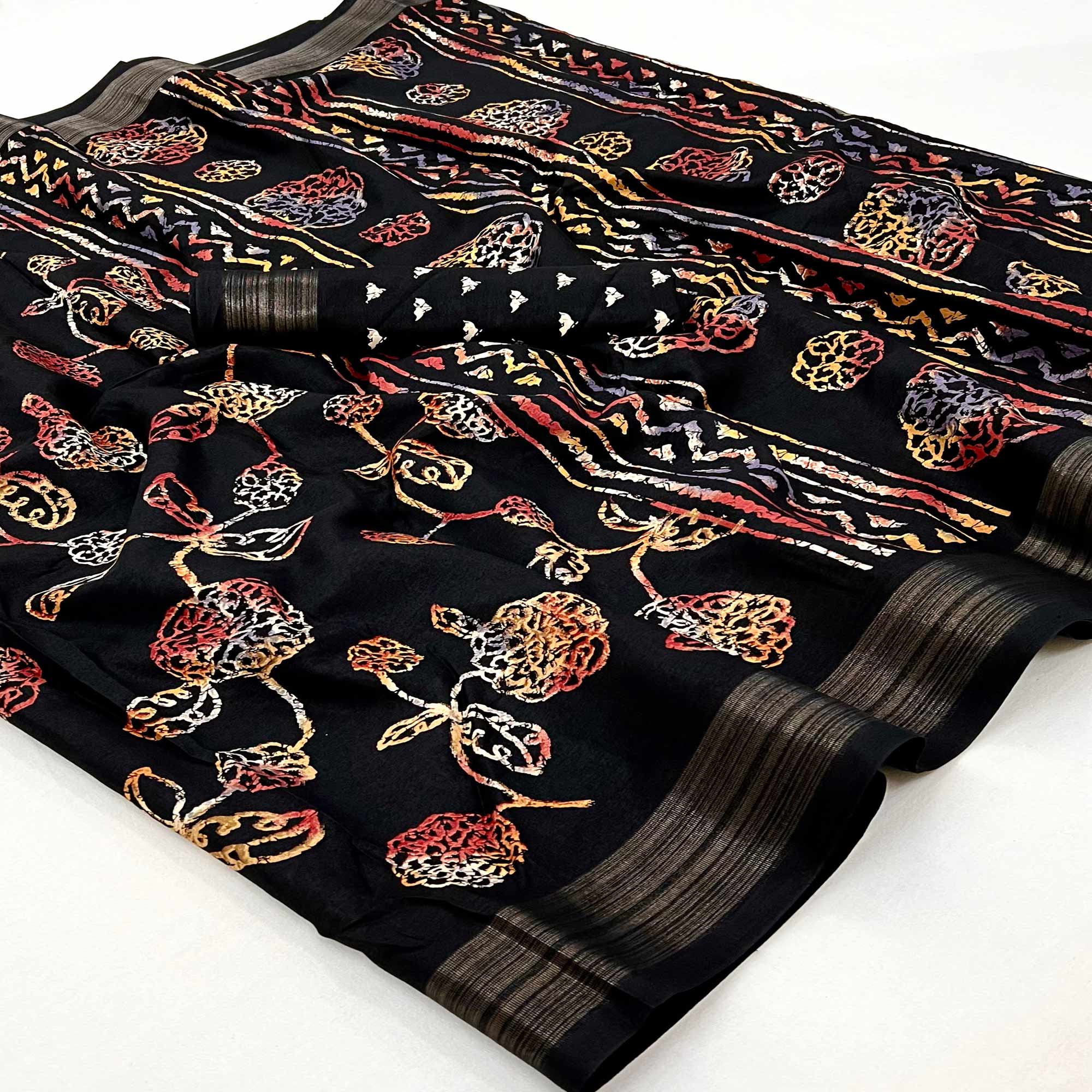 Black Floral Printed Dola Silk Saree