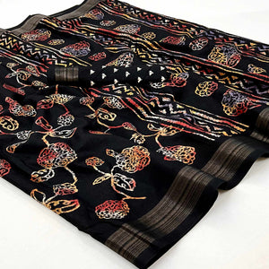 Black Floral Printed Dola Silk Saree