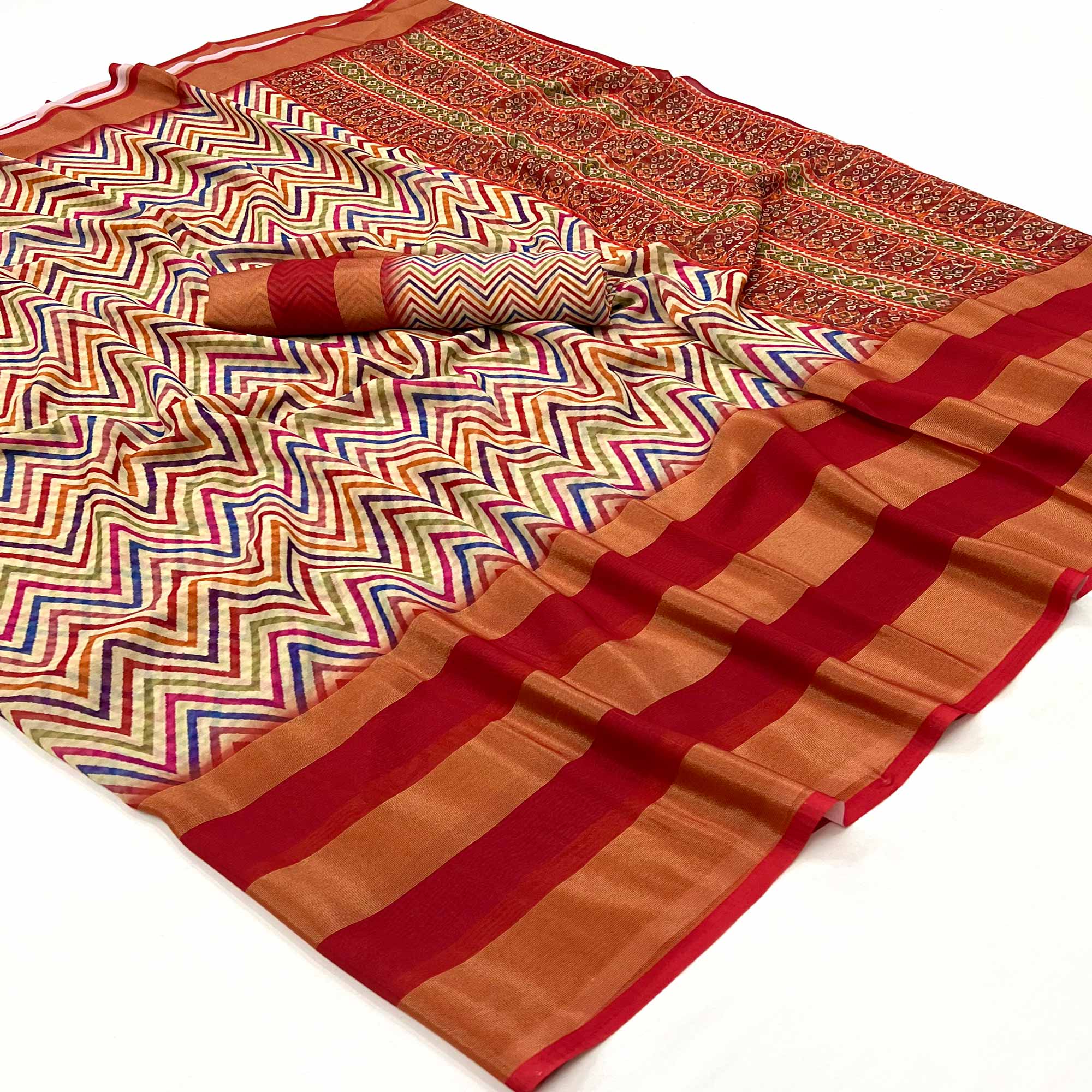 Red Geometric Digital Printed Georgette Saree
