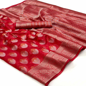 Red Floral Woven Organza Saree
