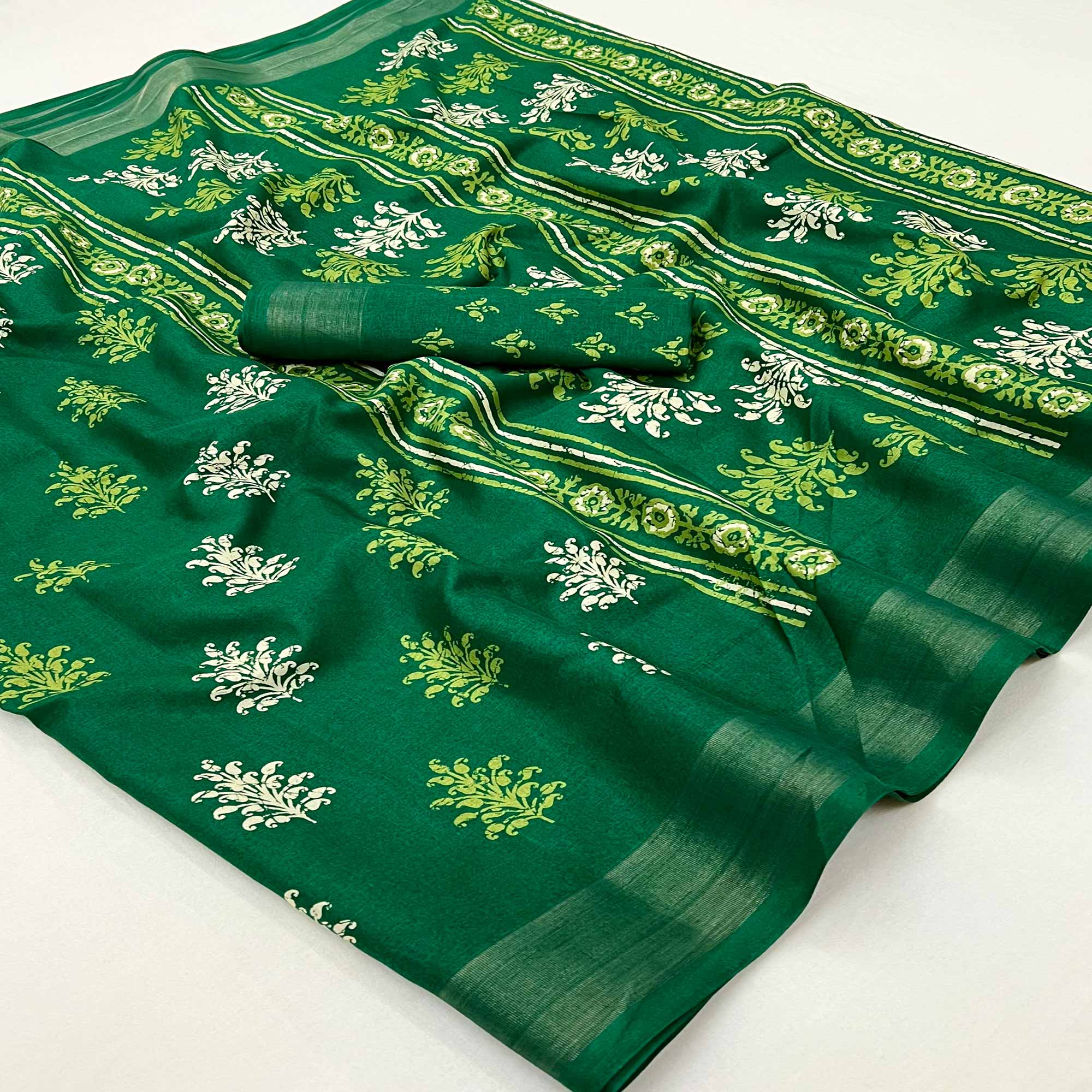 Green Printed Dola Silk Saree With Woven Border