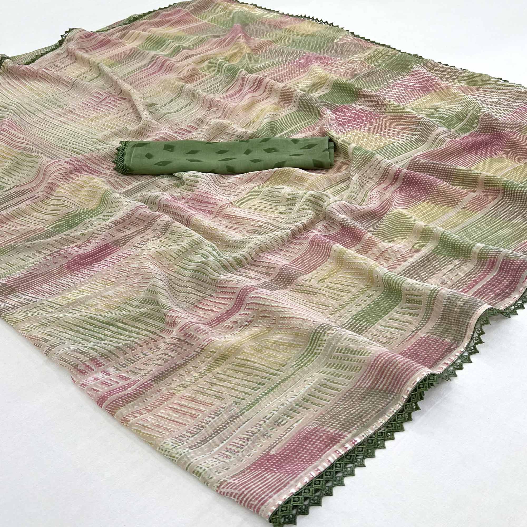 Green Printed Georgette Saree With Fancy Border