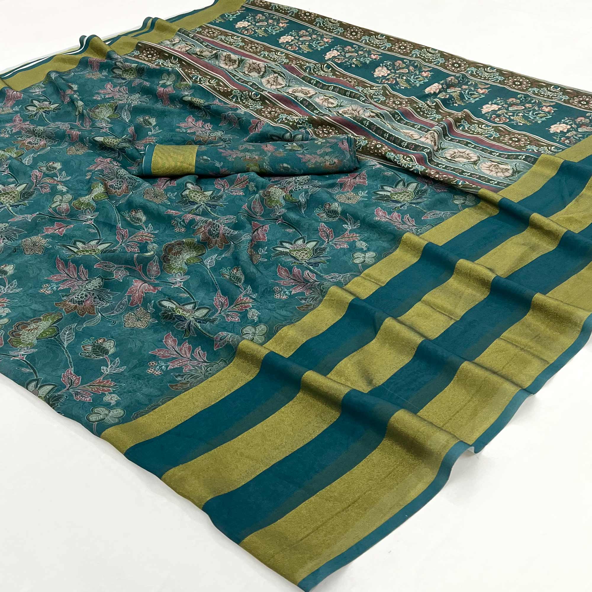 Blue Floral Digital Printed Georgette Saree