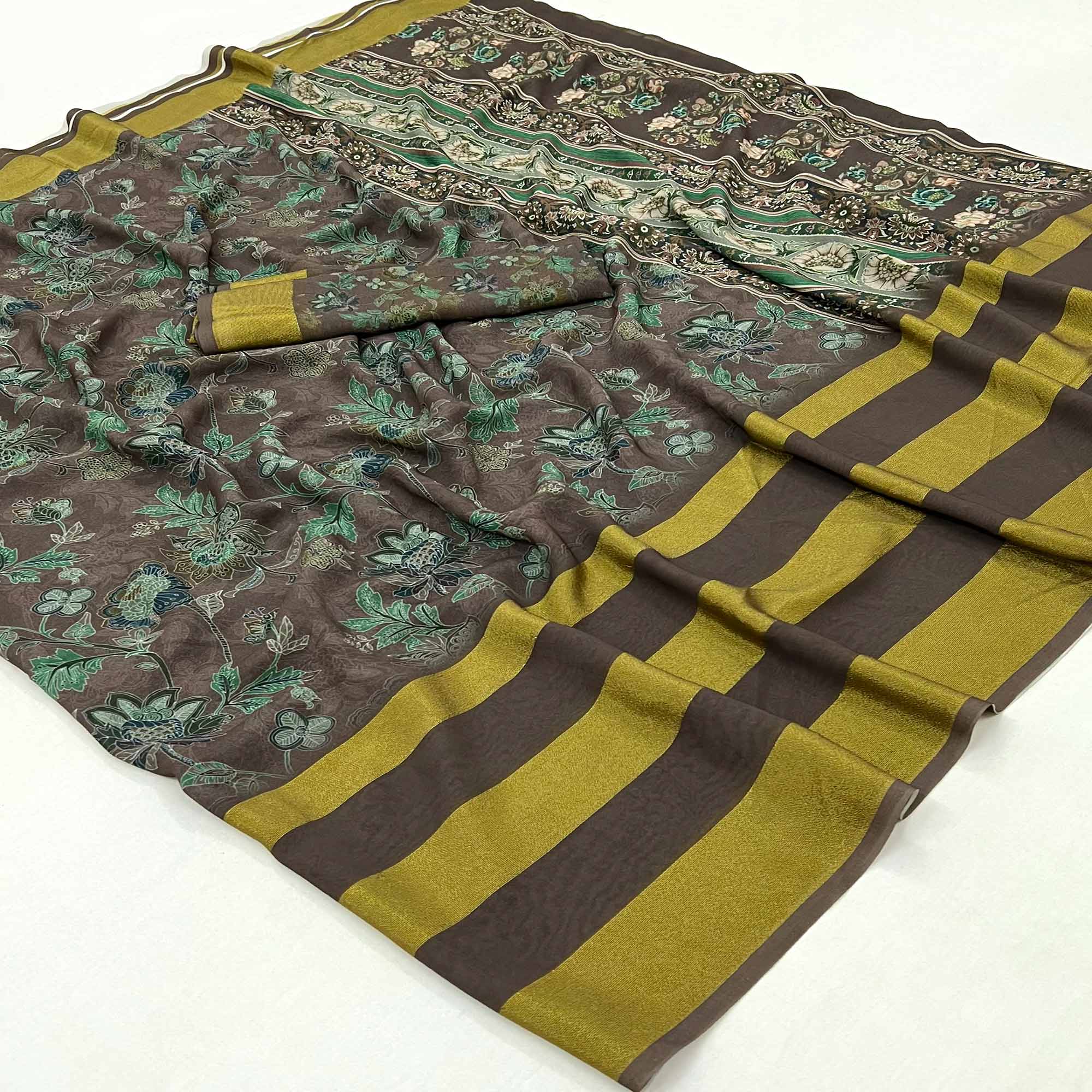 Brown Floral Digital Printed Georgette Saree
