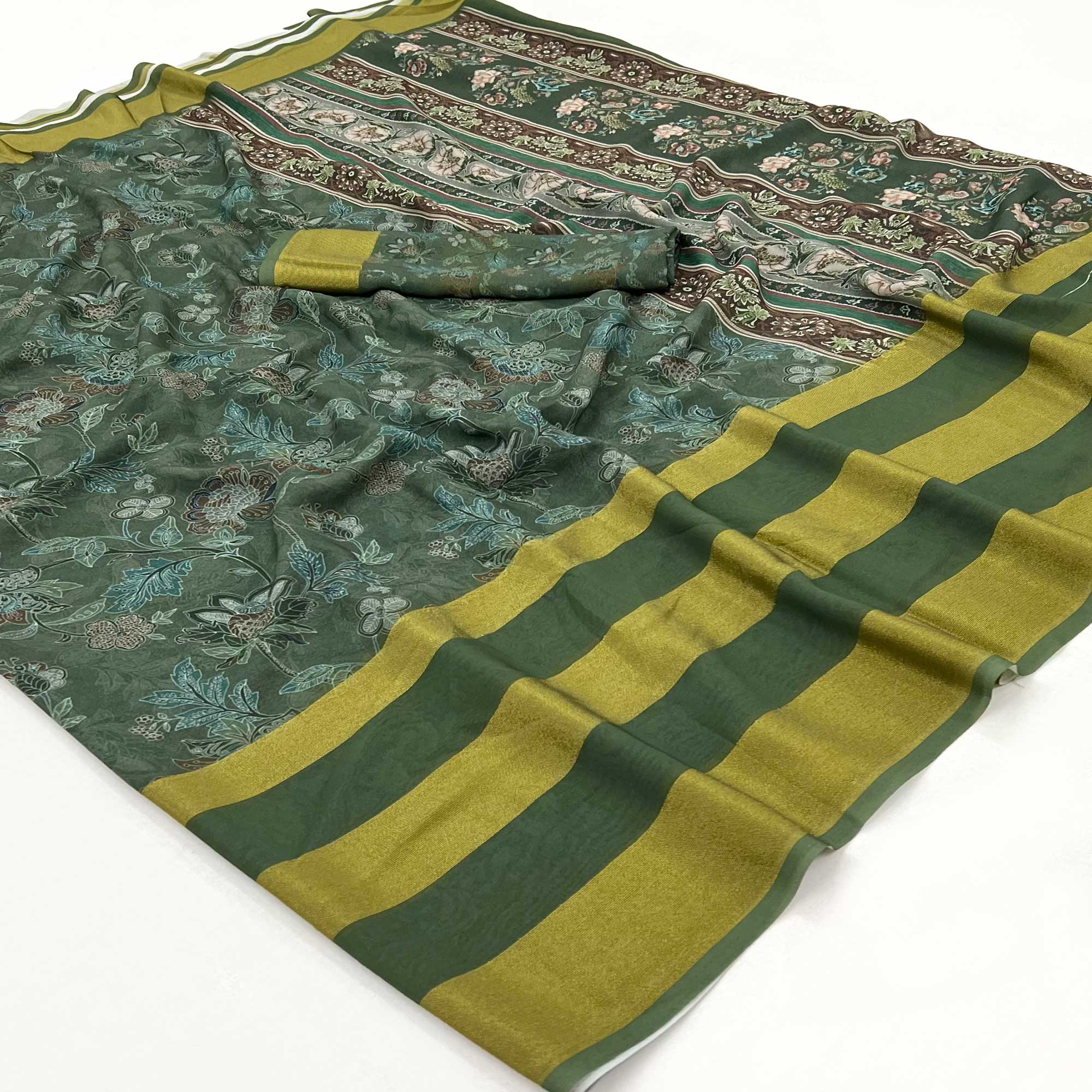 Green Floral Digital Printed Georgette Saree