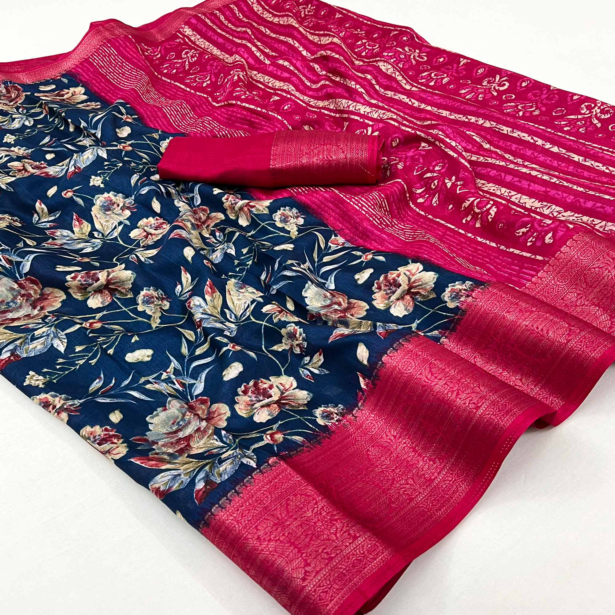 Navy Blue Floral Printed With Woven Border Dola Silk Saree