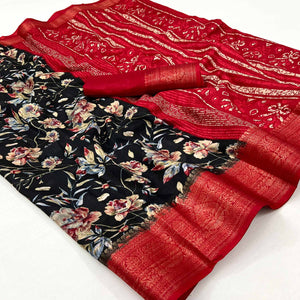 Black Floral Printed With Woven Border Dola Silk Saree