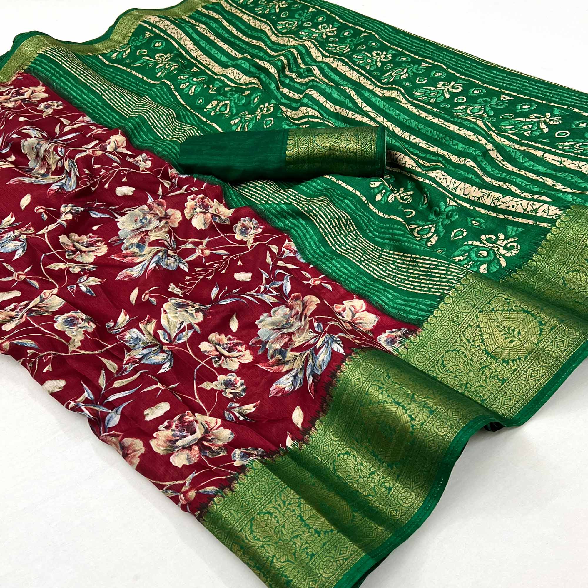 Maroon Floral Printed With Woven Border Dola Silk Saree