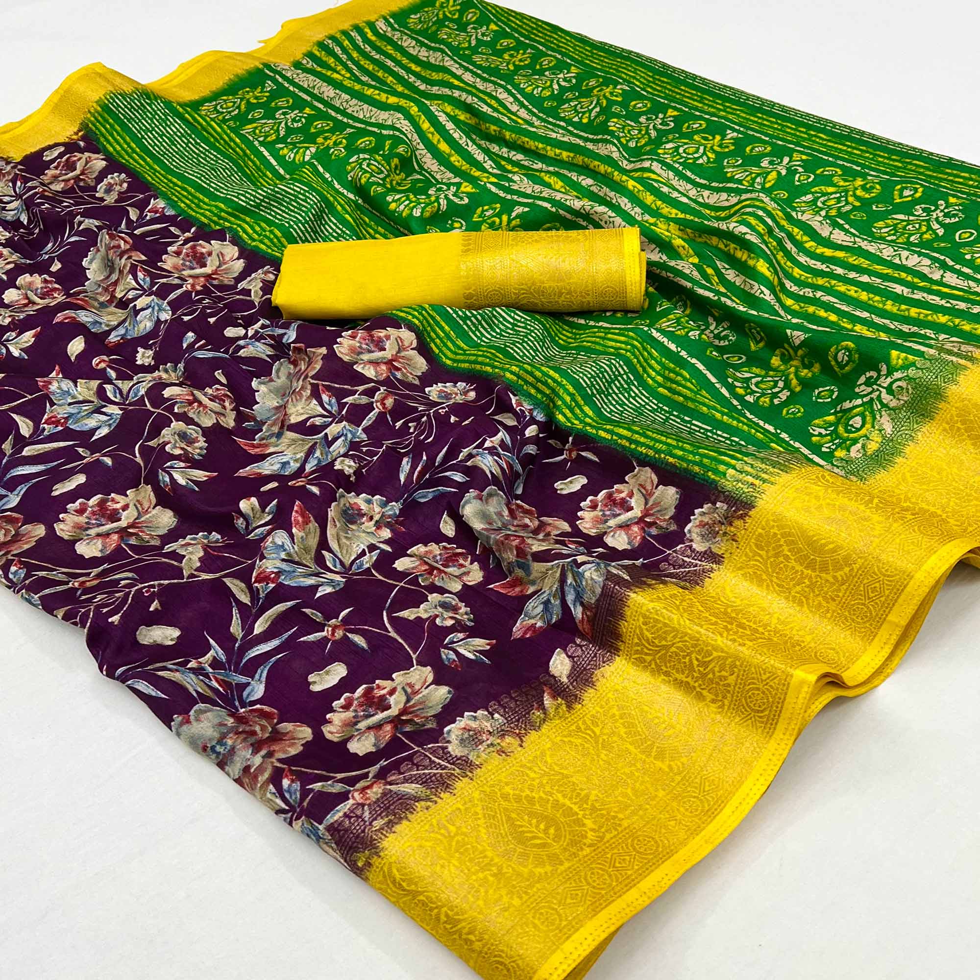 Purple Floral Printed With Woven Border Dola Silk Saree