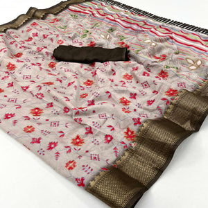 Beige Floral Printed With Woven Border Dola Silk Saree