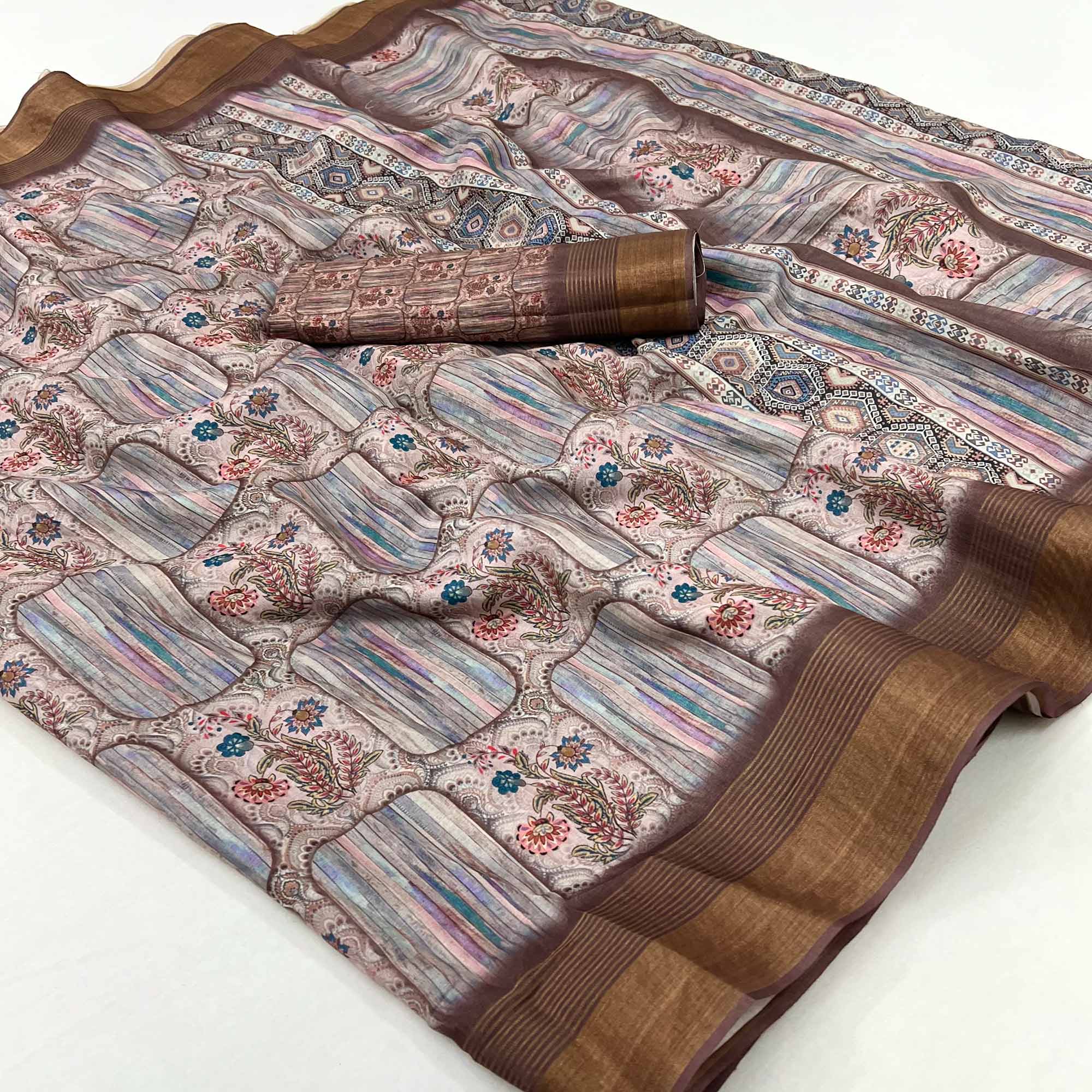 Beige Digital Printed With Woven Border Cotton Silk Saree