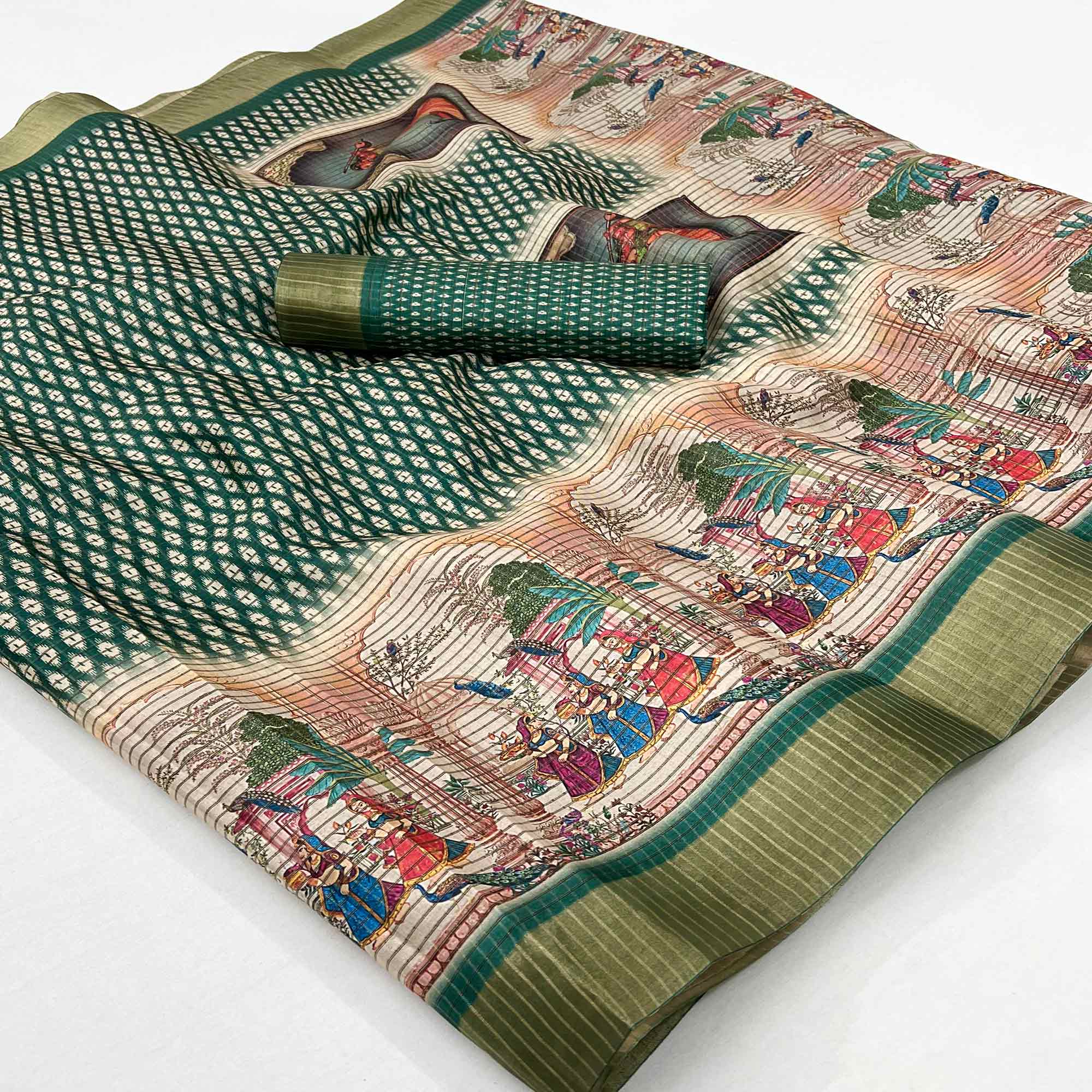 Green Digital Printed With Woven Border Cotton Silk Saree