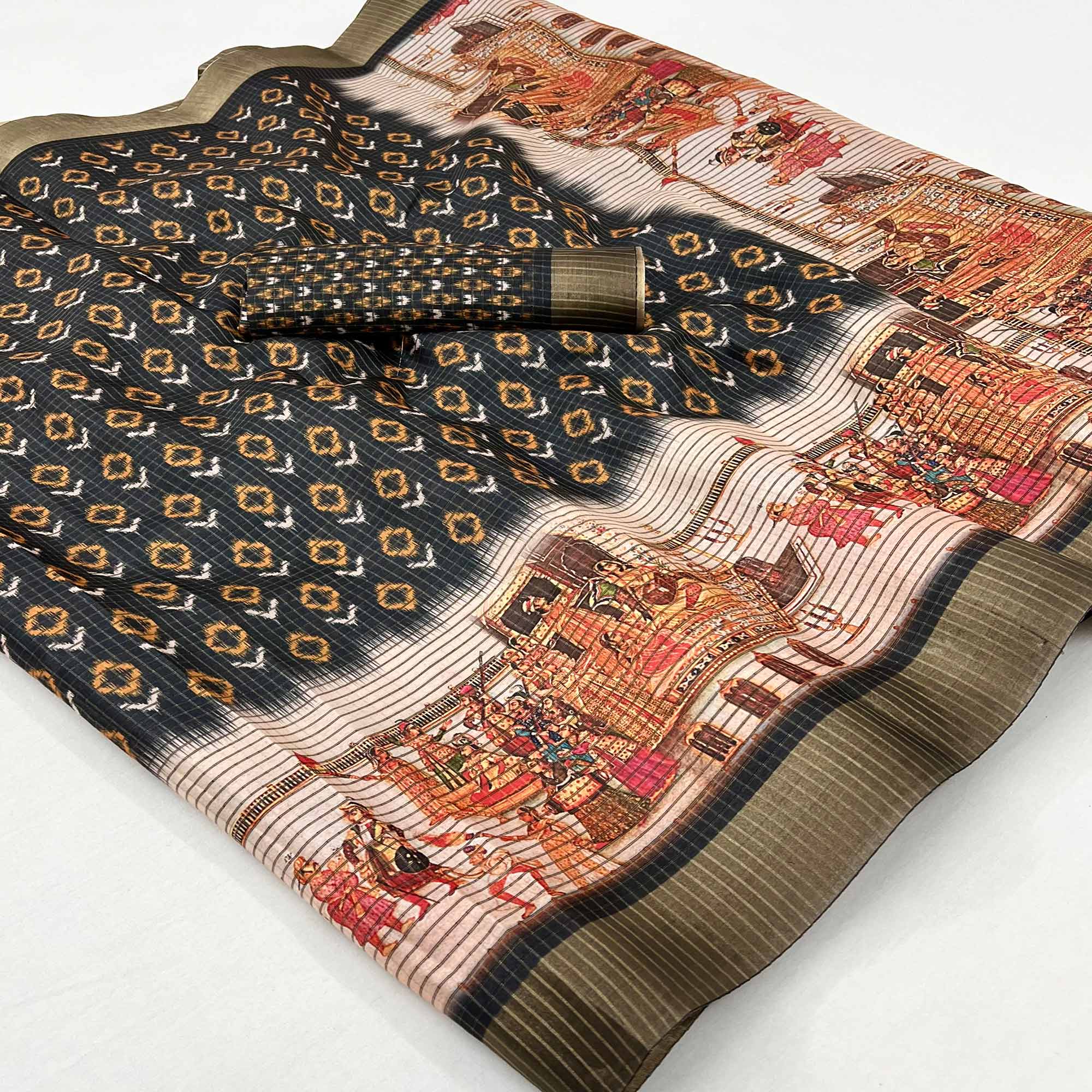 Black Digital Printed With Woven Border Cotton Silk Saree