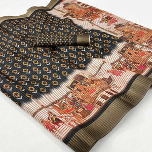 Black Digital Printed With Woven Border Cotton Silk Saree