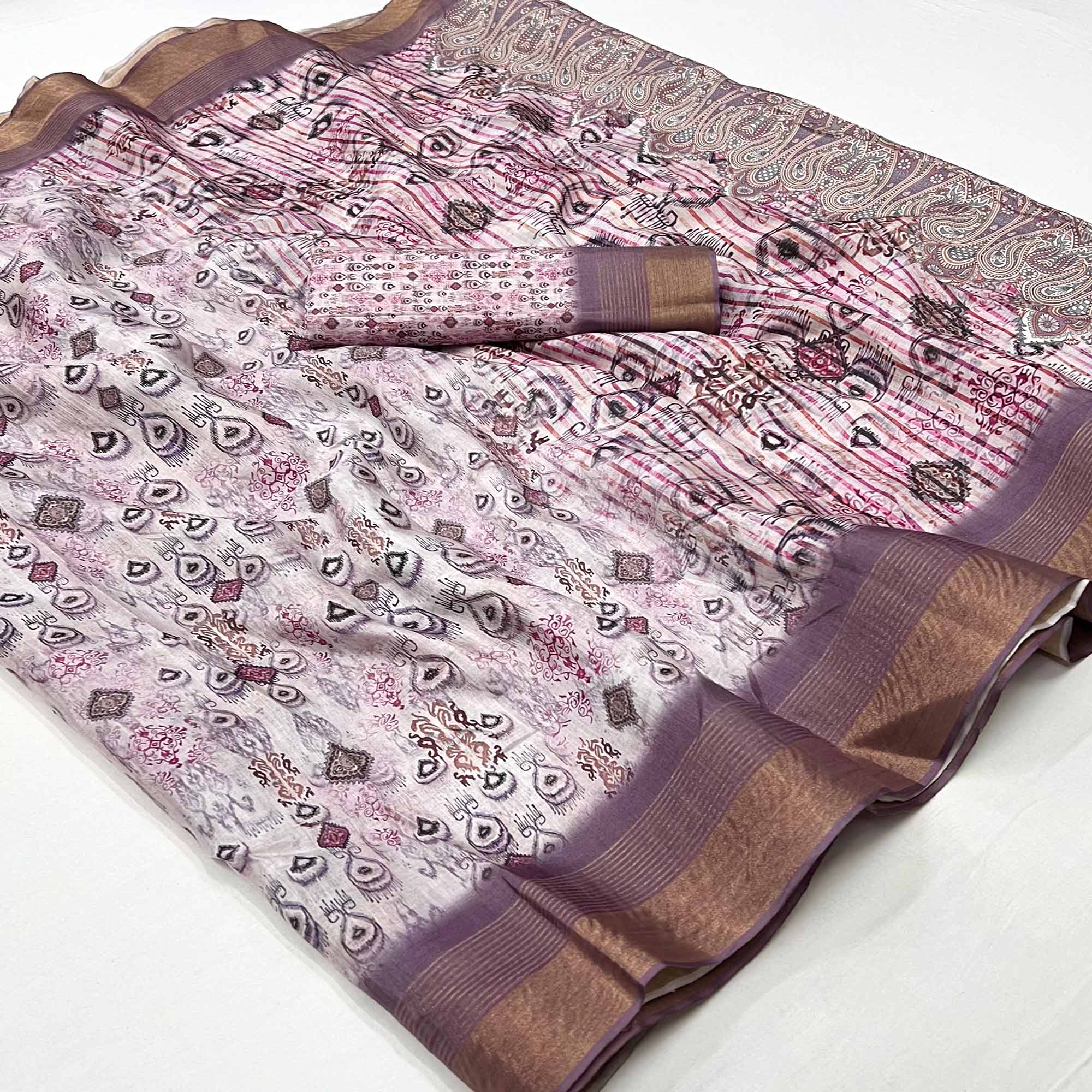 White & Mauve Digital Printed With Woven Border Cotton Silk Saree