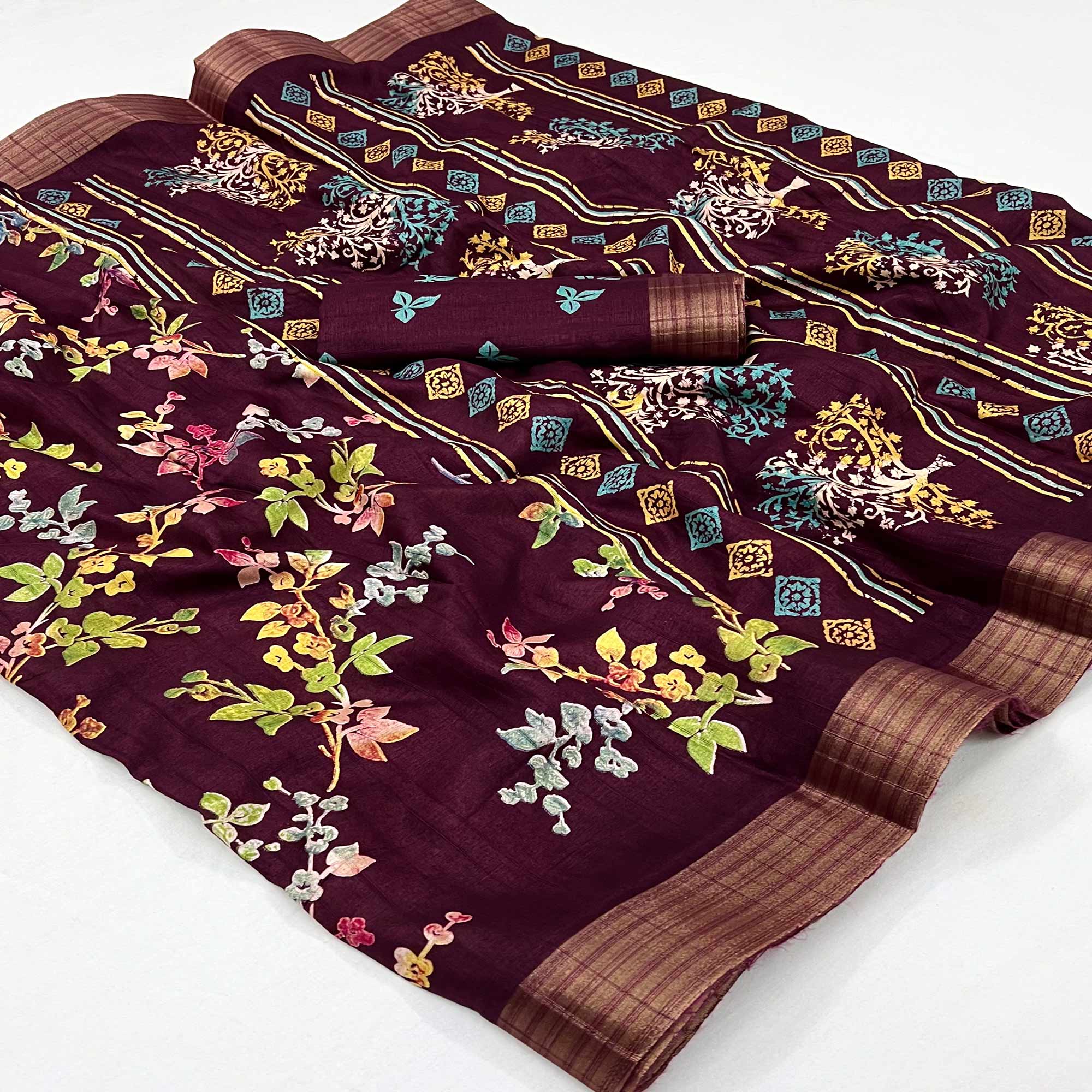 Wine Floral Printed Cotton Silk Saree