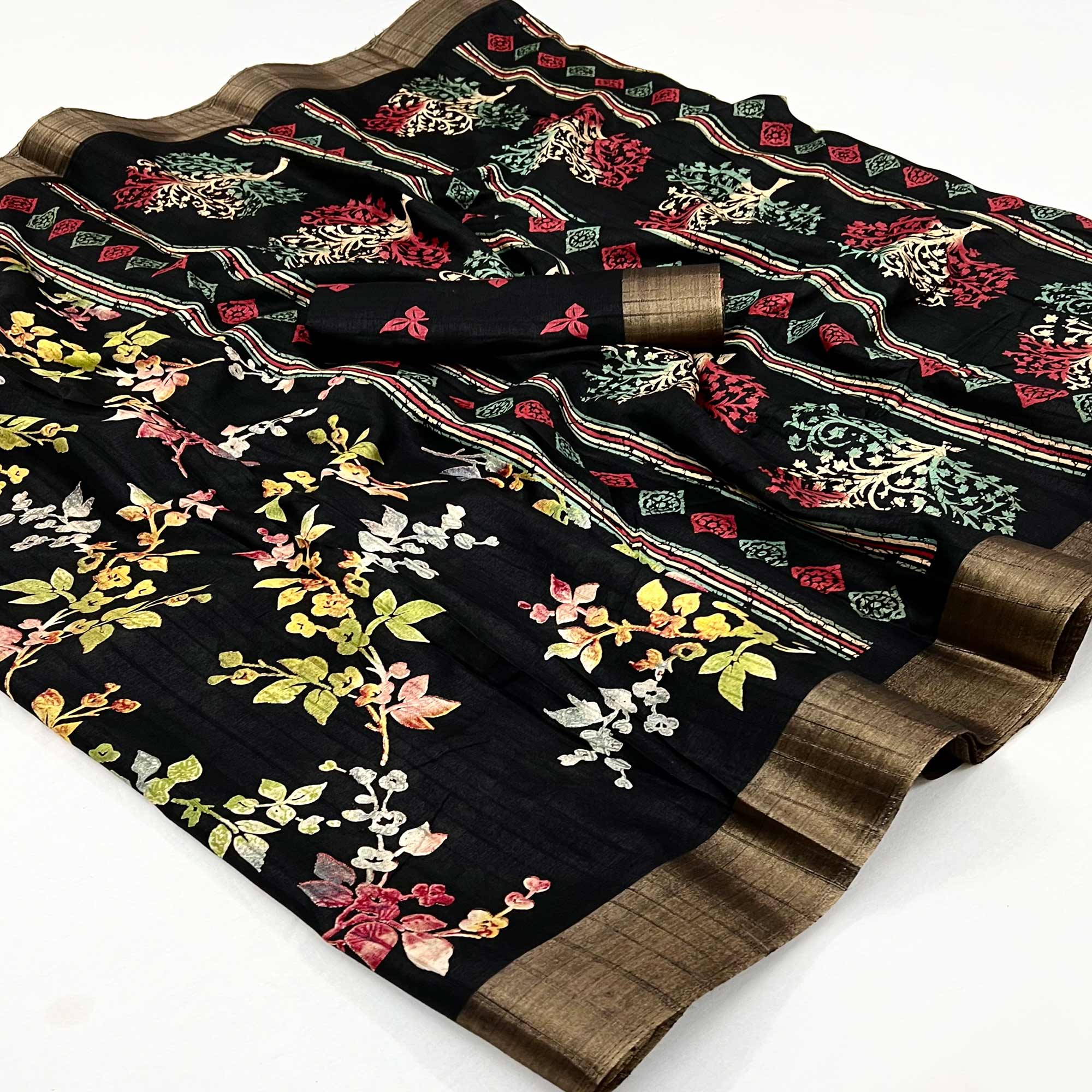 Black Floral Printed Cotton Silk Saree