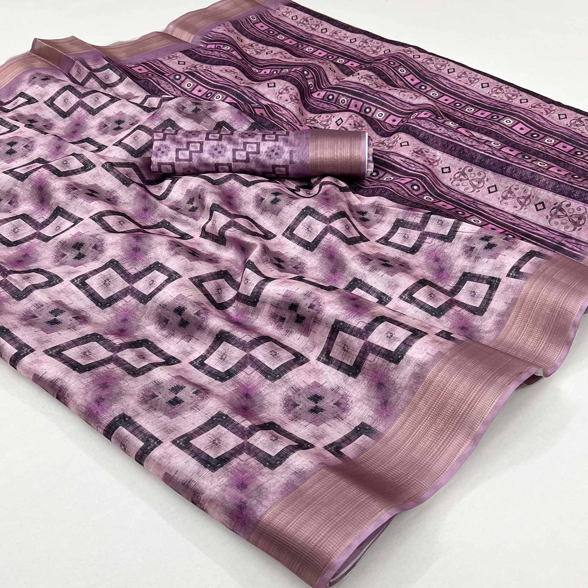 Purple Geometric Printed Cotton Blend Saree