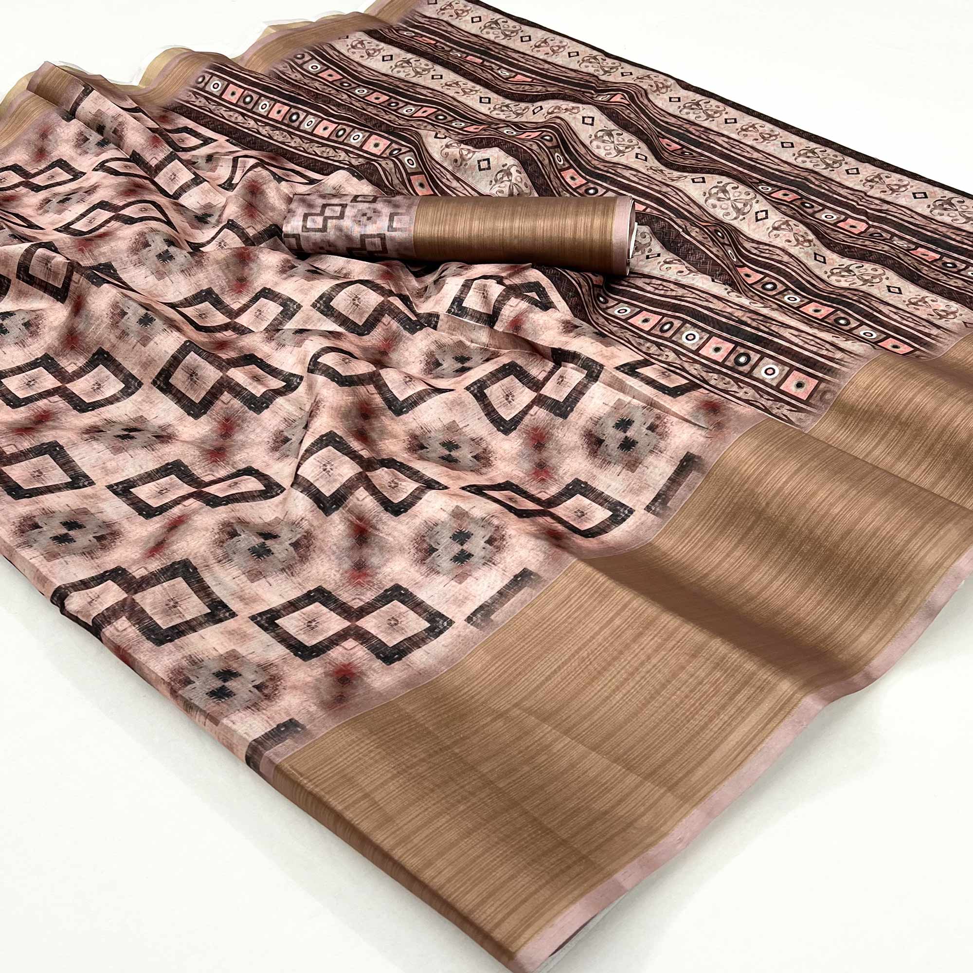 Peach Geometric Printed Cotton Blend Saree