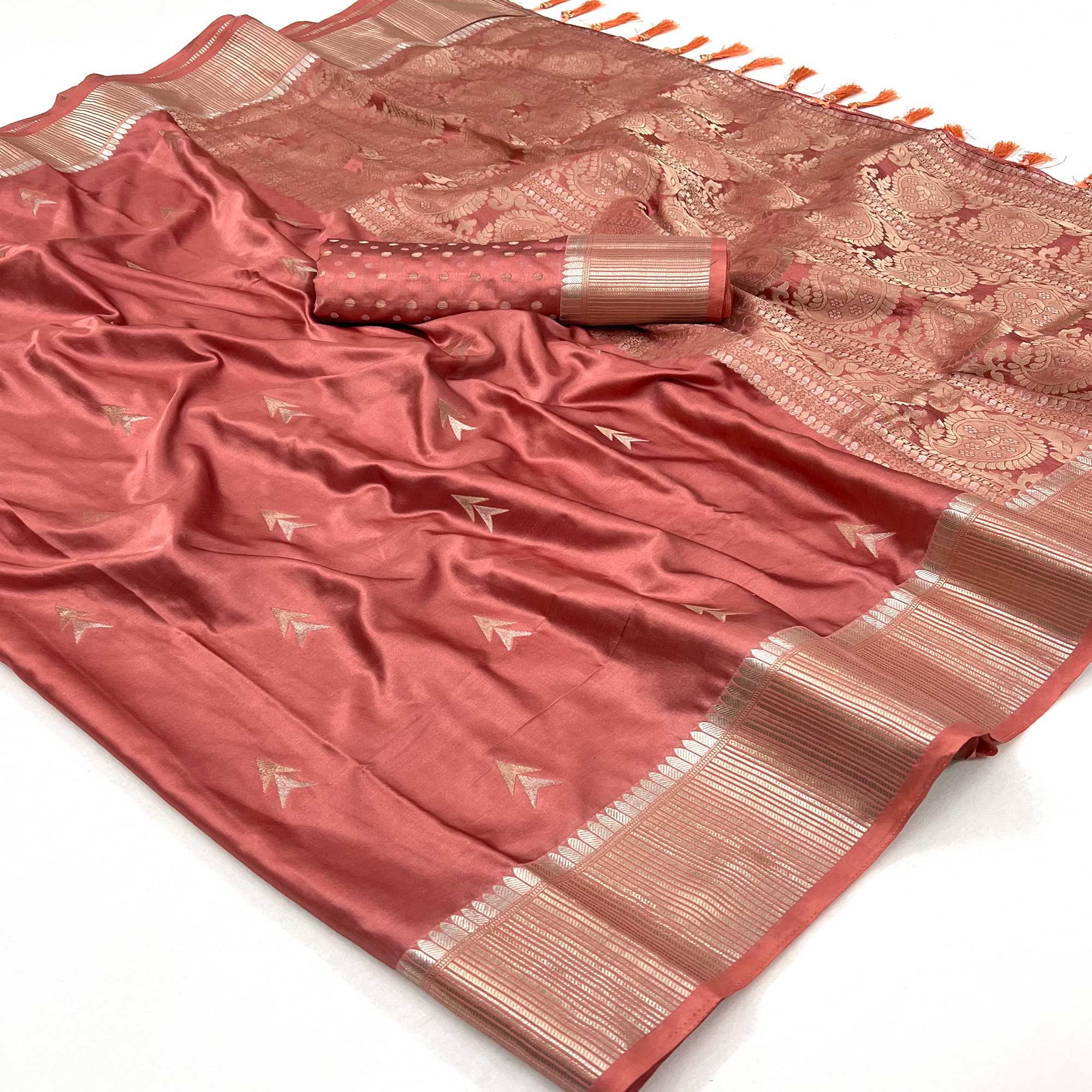 Peach Woven Satin Silk Saree With Tassels
