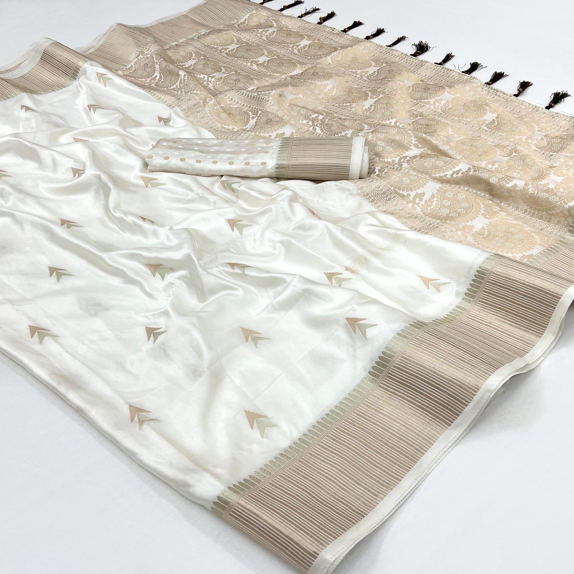White Woven Satin Silk Saree With Tassels