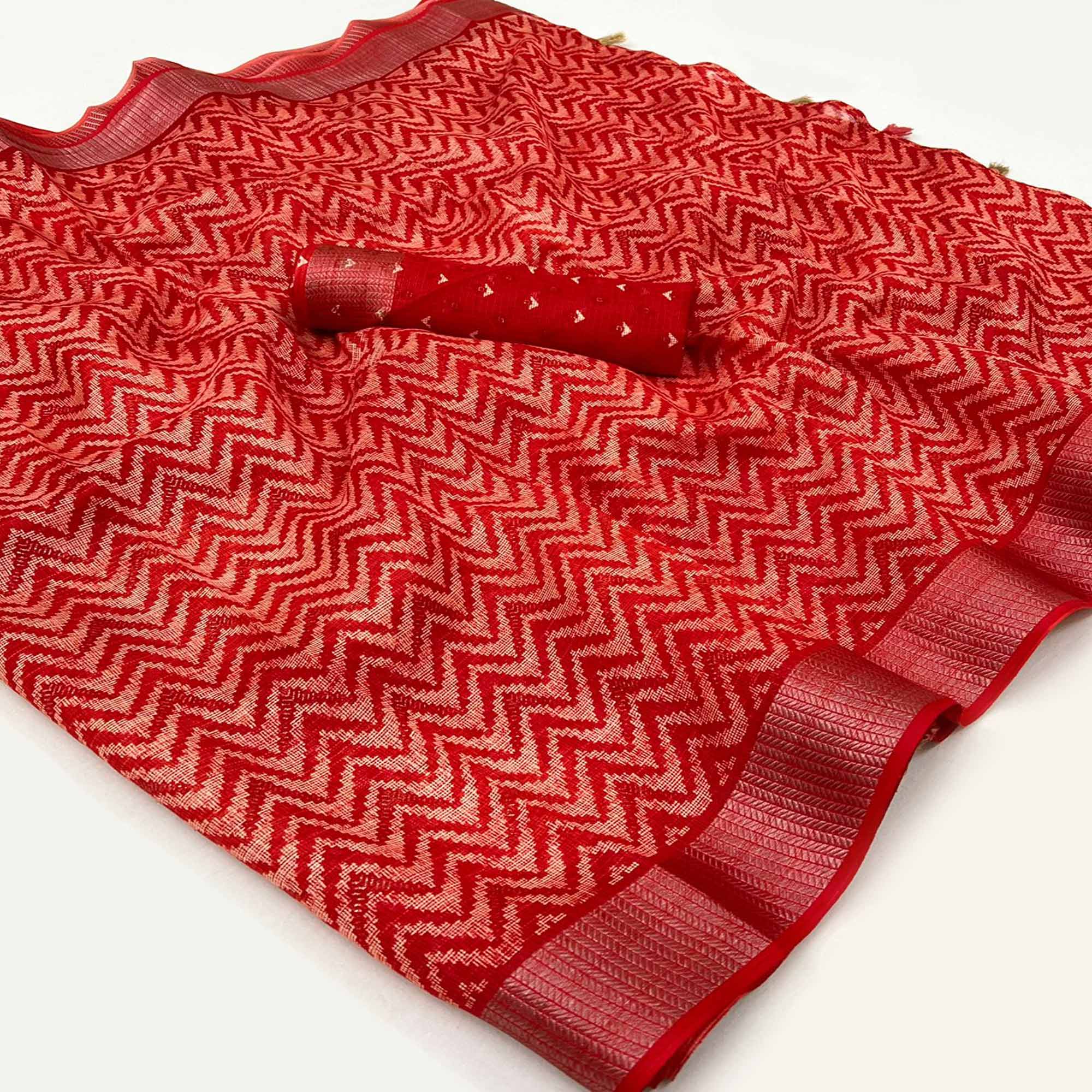 Red Zig Zag Printed Kota Doria Saree With Tassels