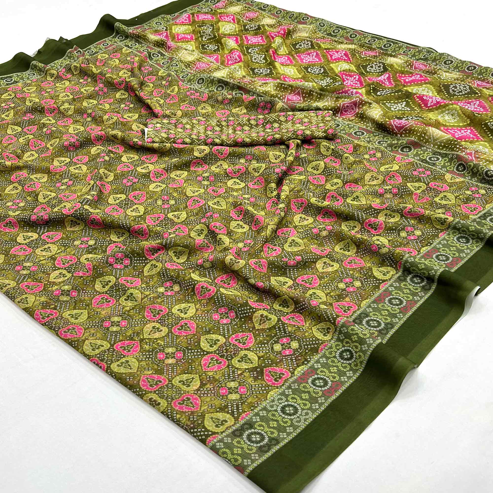 Green Bandhani Digital Printed Georgette Saree