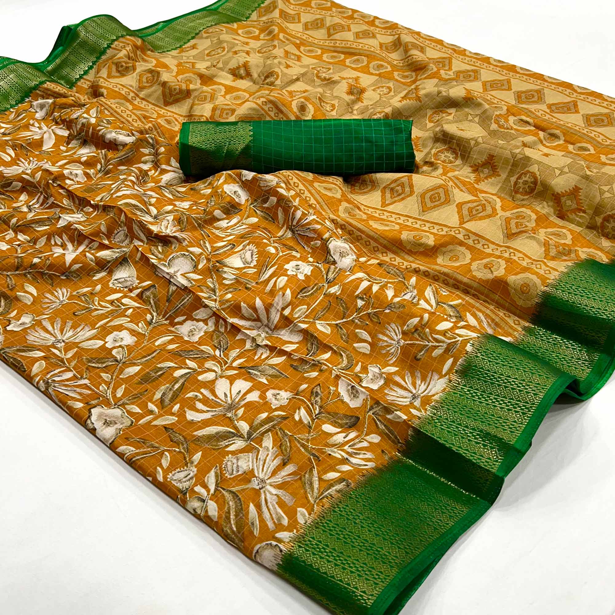 Mustard Floral Printed Dola Silk Saree With Woven Border