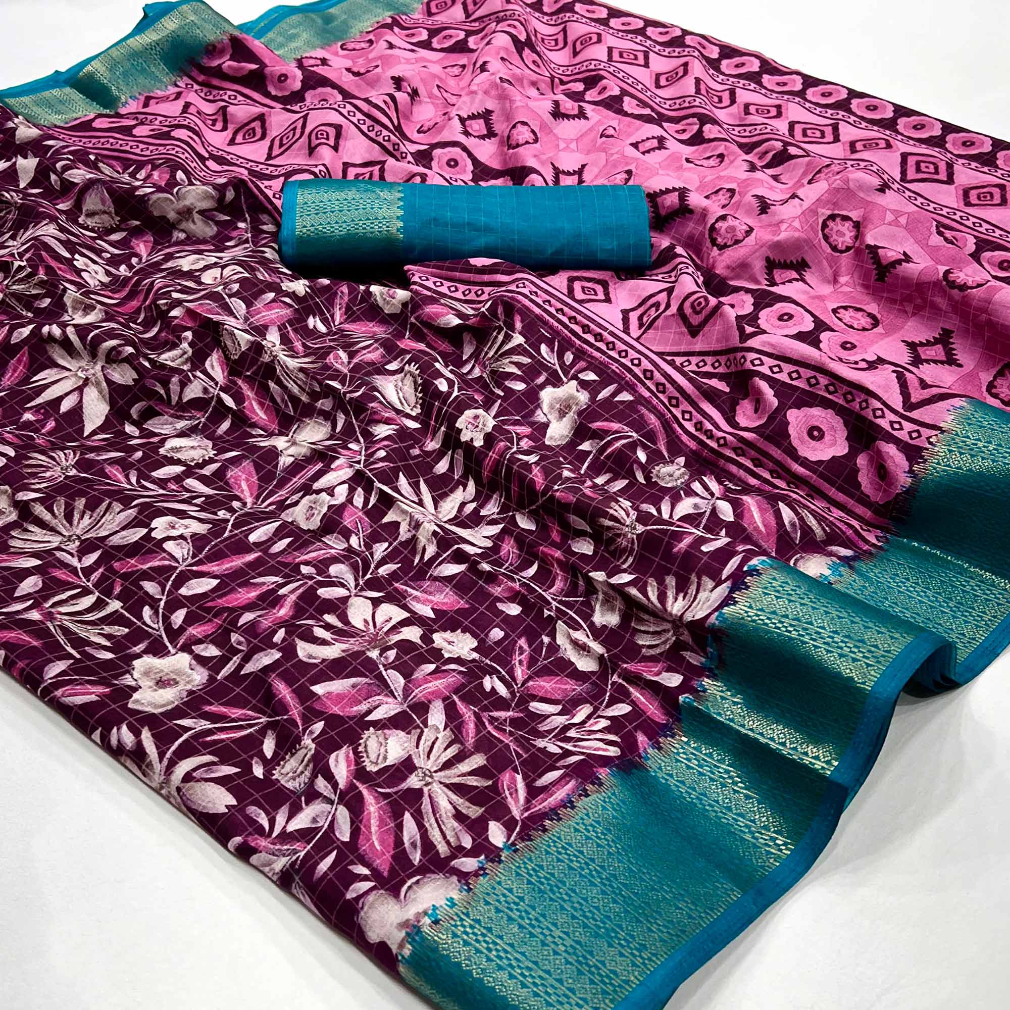 Wine Floral Printed Dola Silk Saree With Woven Border