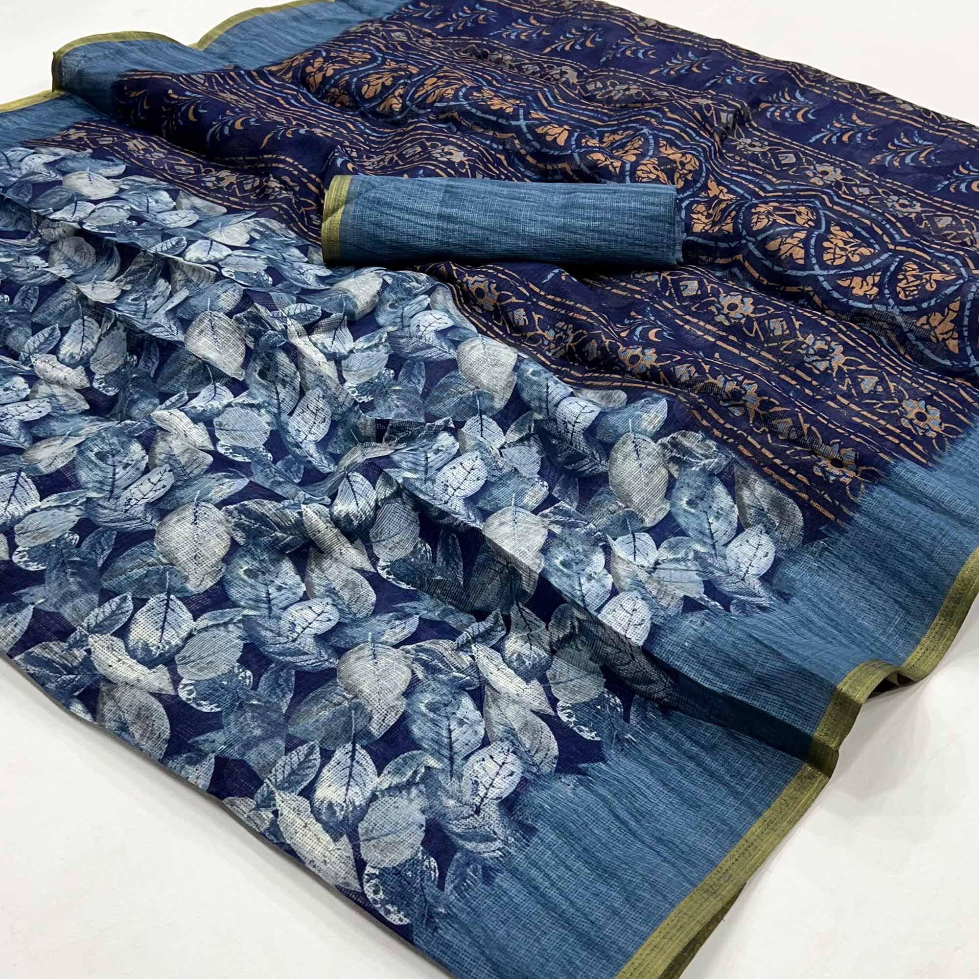 Blue Digital Printed Cotton Blend Saree