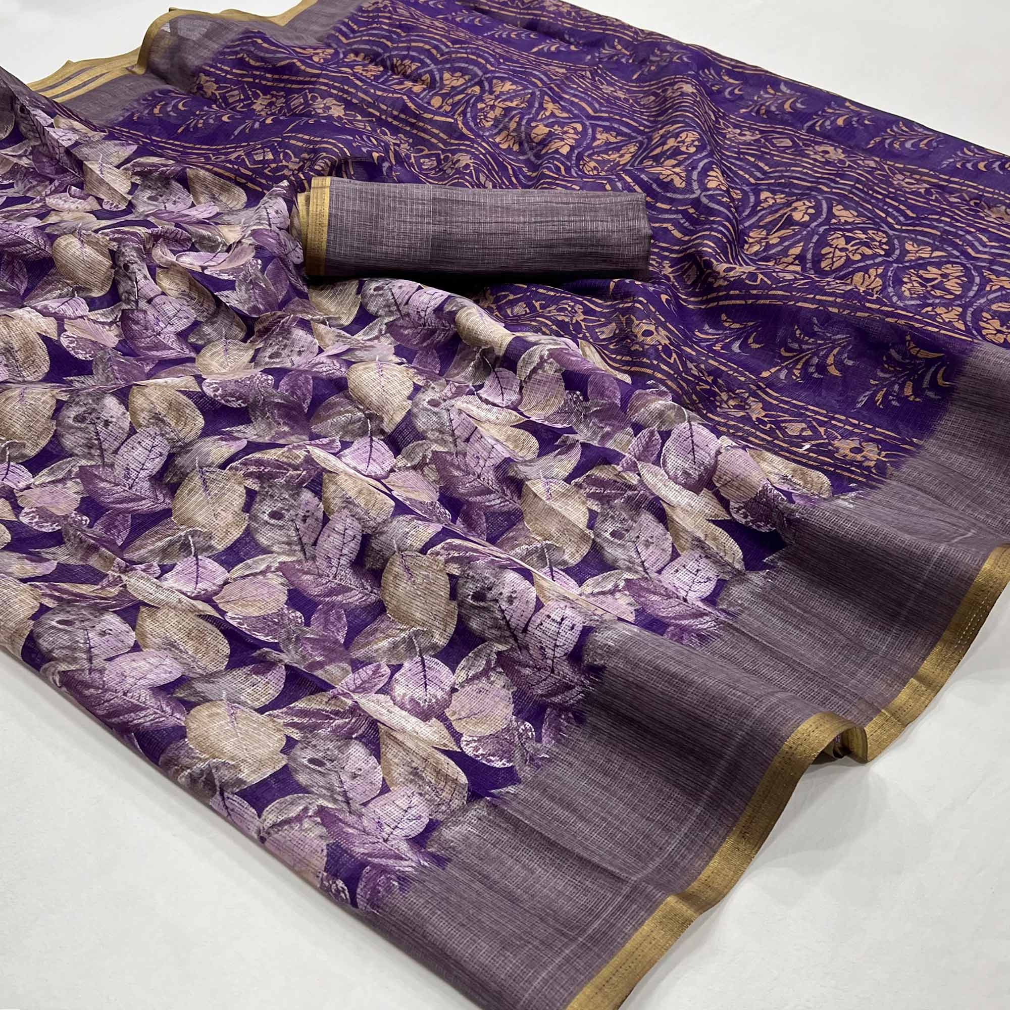 Purple Digital Printed Cotton Blend Saree