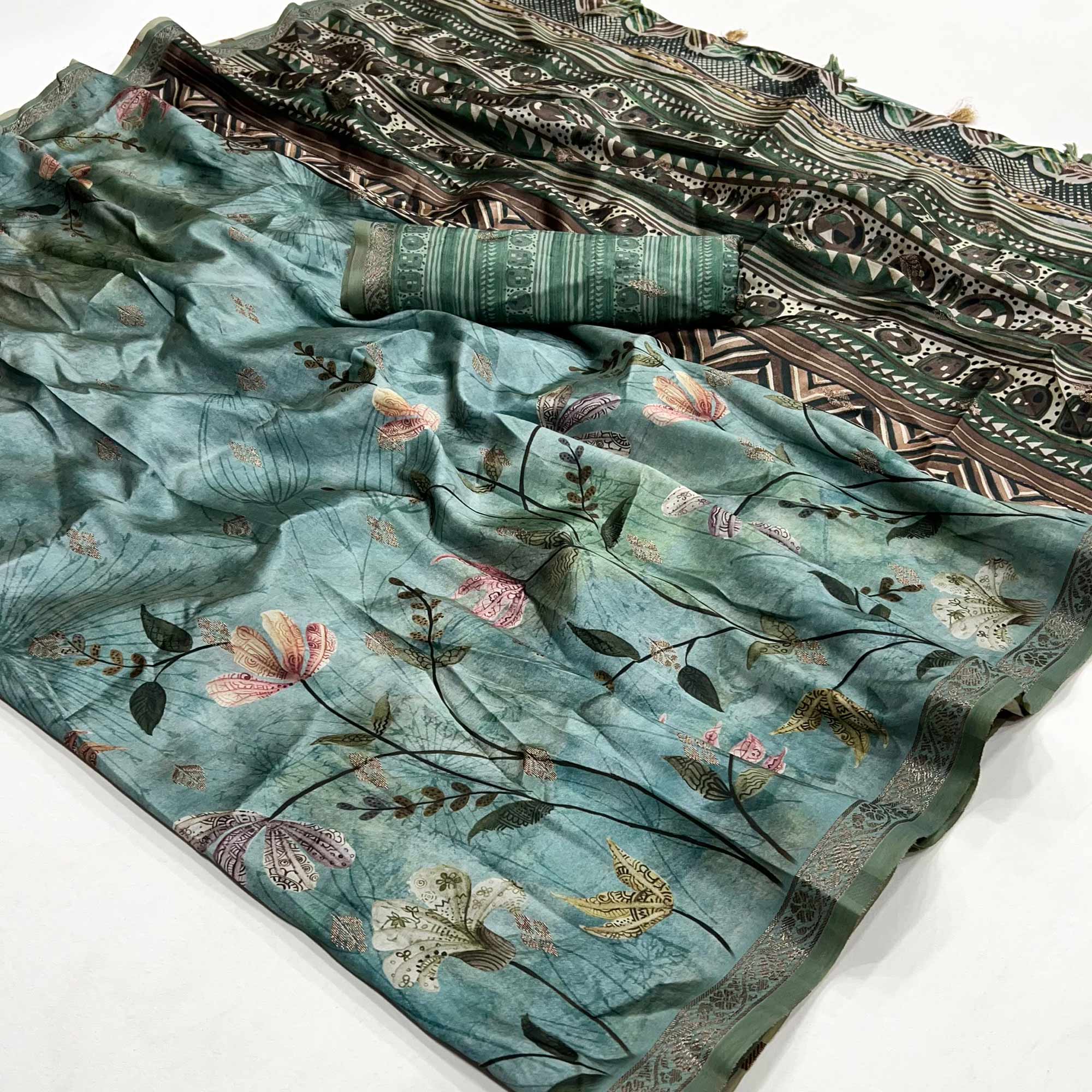 Blue Floral Digital Printed Cotton Silk Saree With Zari Border