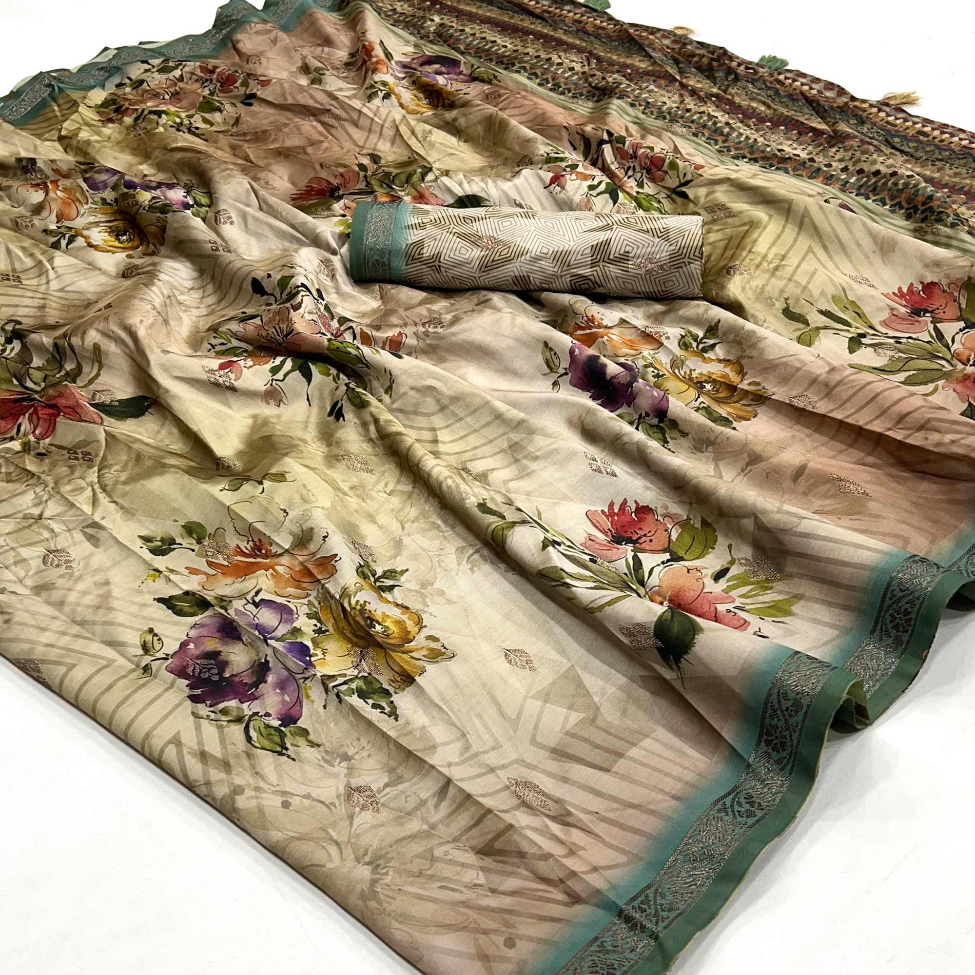 Beige Floral Digital Printed Cotton Silk Saree With Zari Border