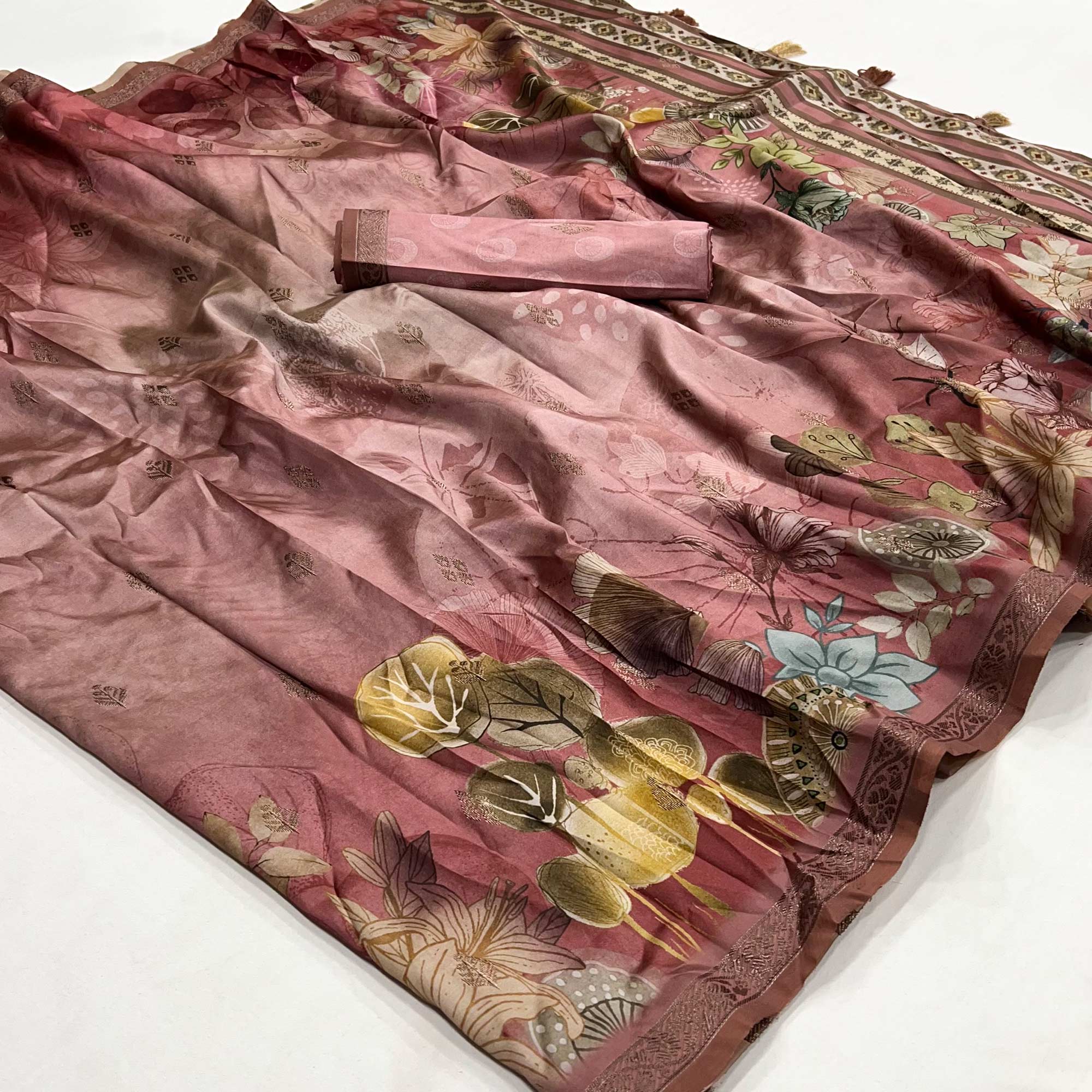 Onion Pink Floral Digital Printed Cotton Silk Saree With Zari Border