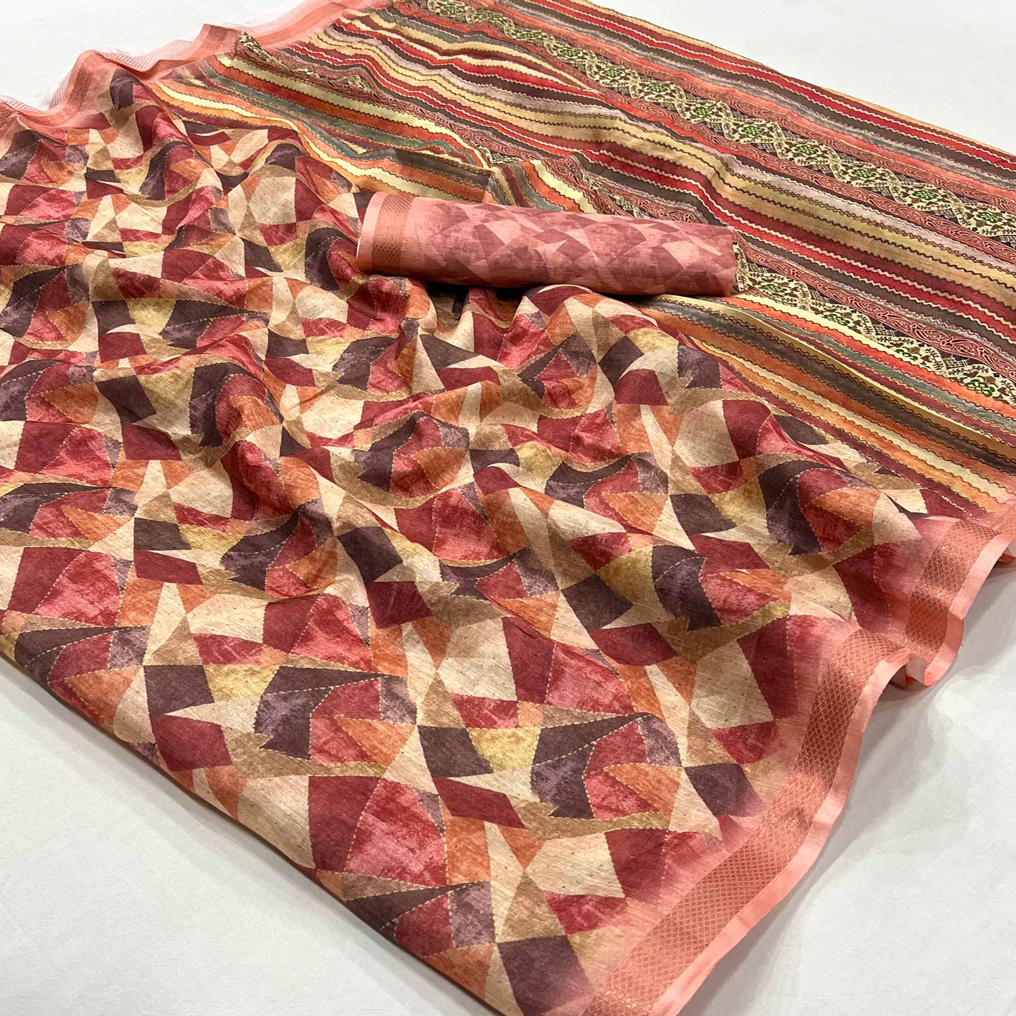 Peach Digital Geometric Printed Cotton Blend Saree With Woven Border