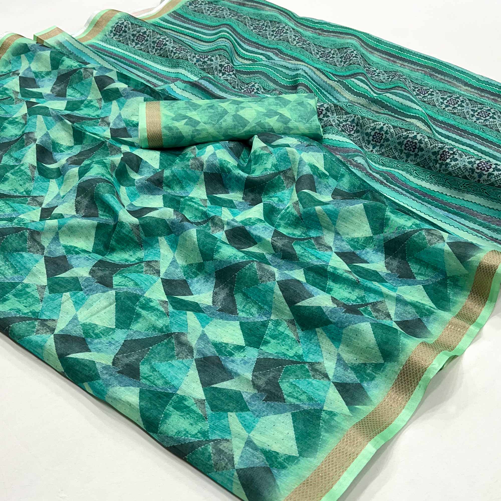 Turquoise Digital Geometric Printed Cotton Blend Saree With Woven Border