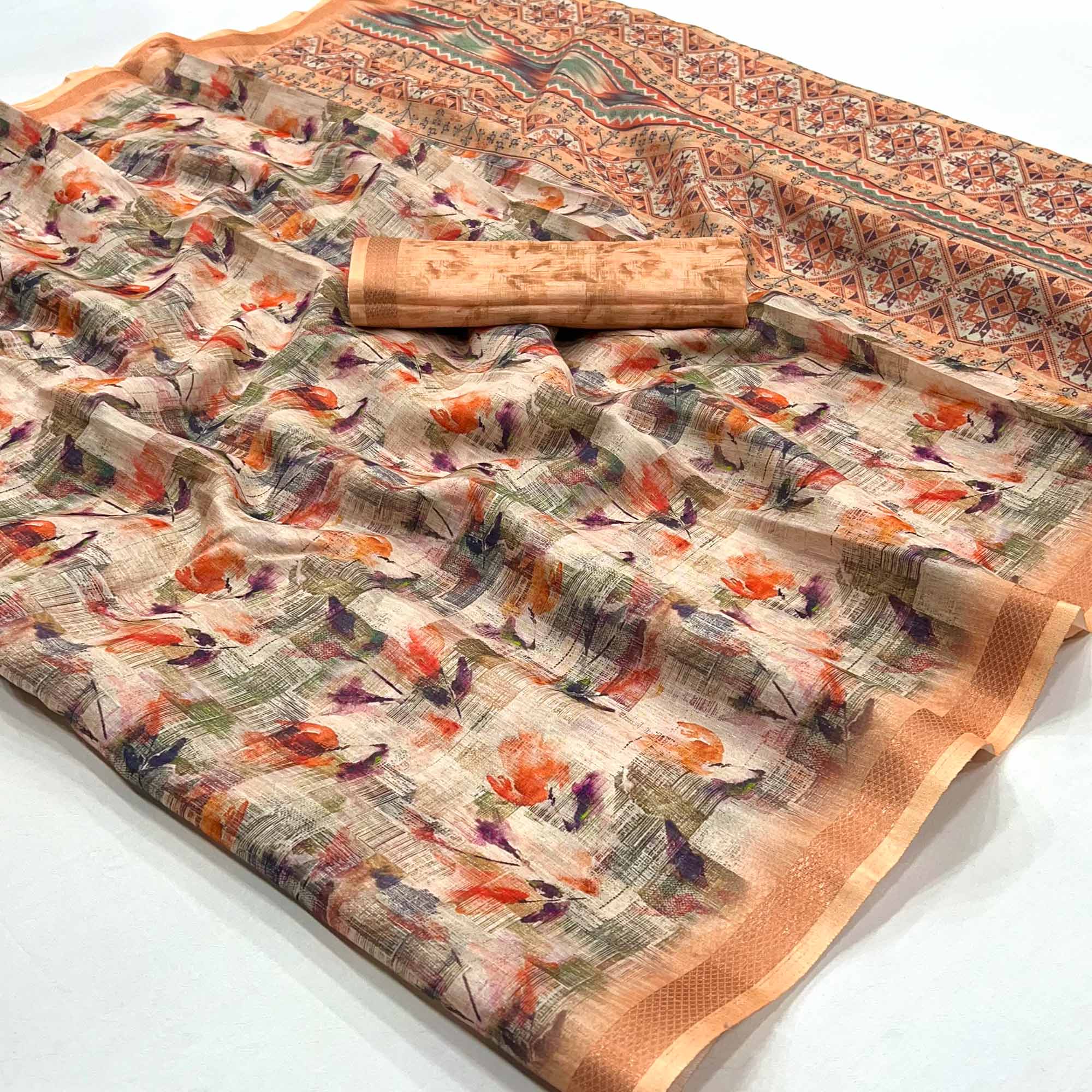 Peach Floral Digital Printed Cotton Blend Saree With Woven Border