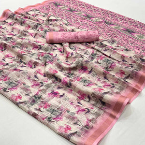 Pink Floral Digital Printed Cotton Blend Saree With Woven Border