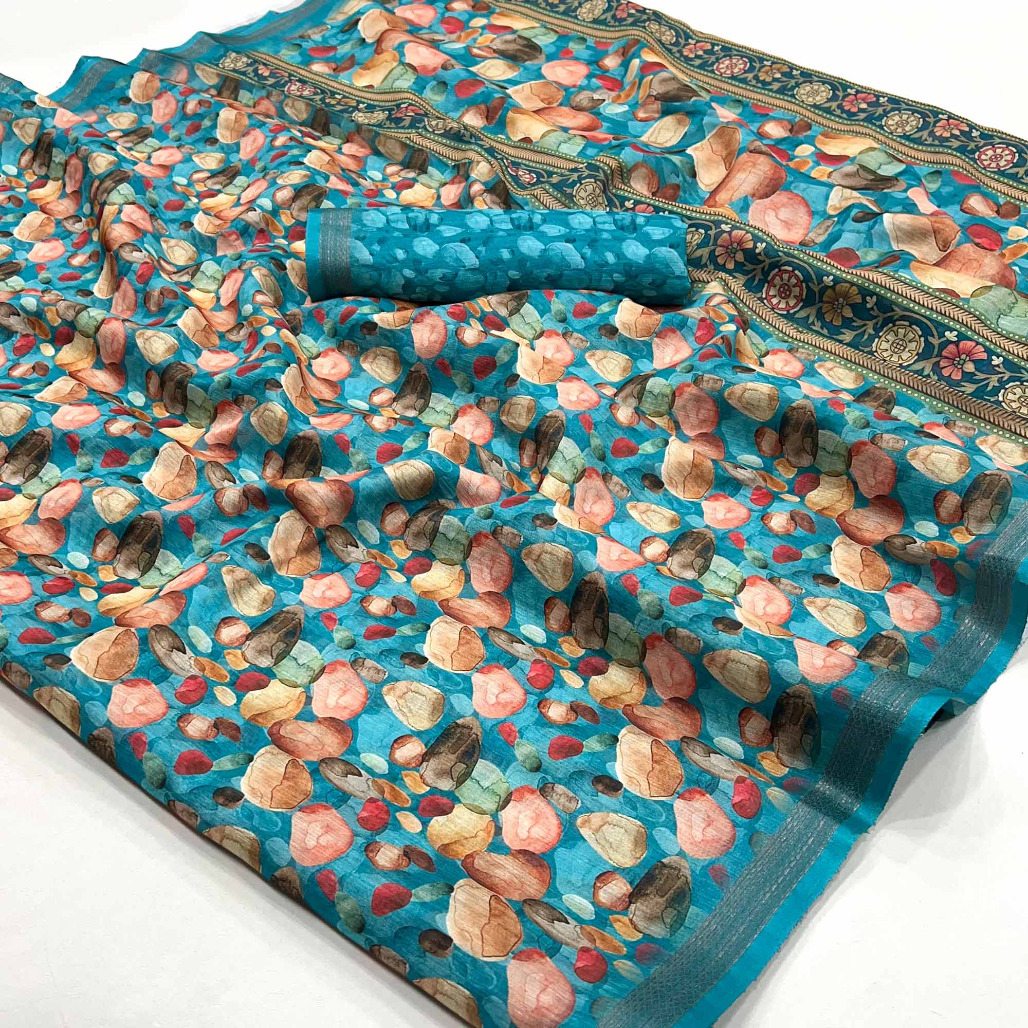 Blue Digital Printed Cotton Blend Saree With Woven Border