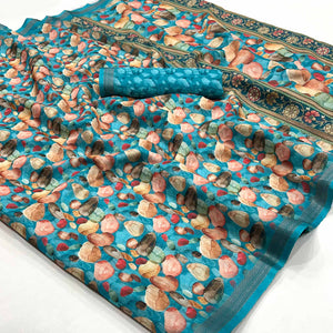 Blue Digital Printed Cotton Blend Saree With Woven Border