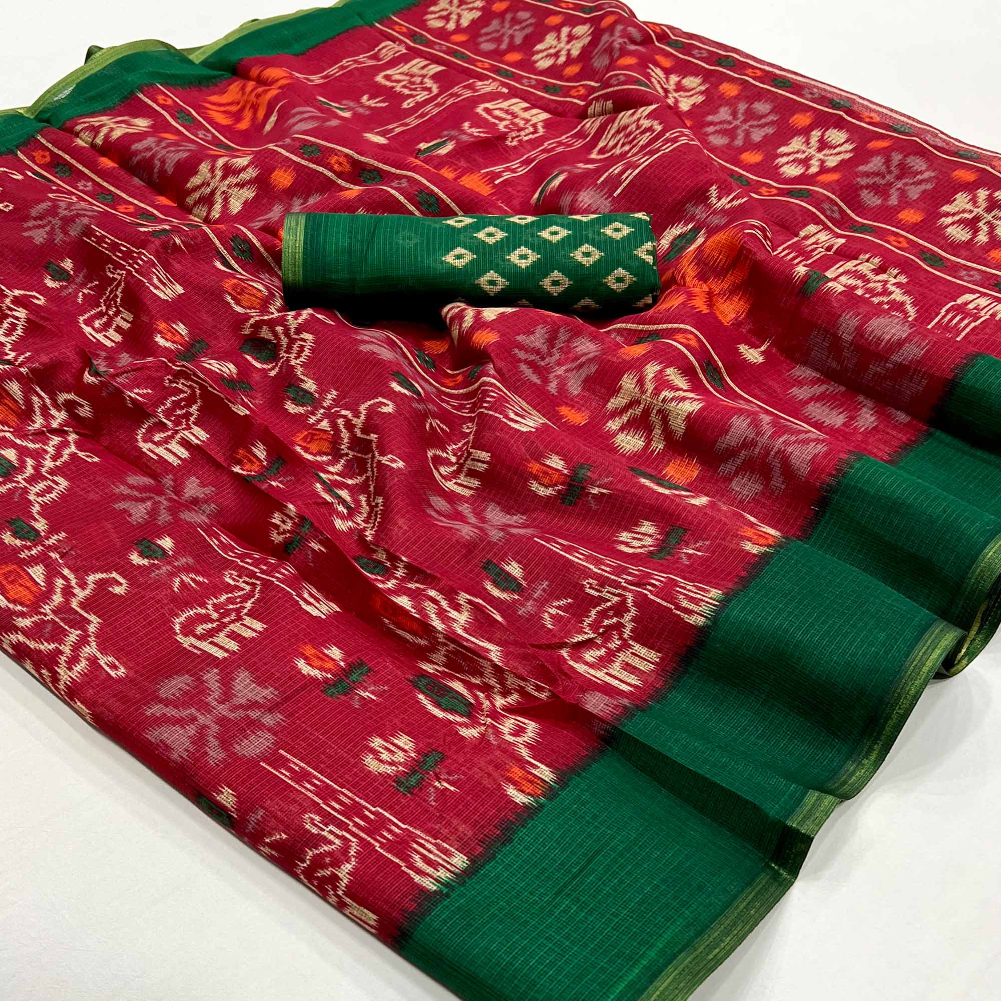 Rani Pink Printed Kota Doria Saree With Woven Border