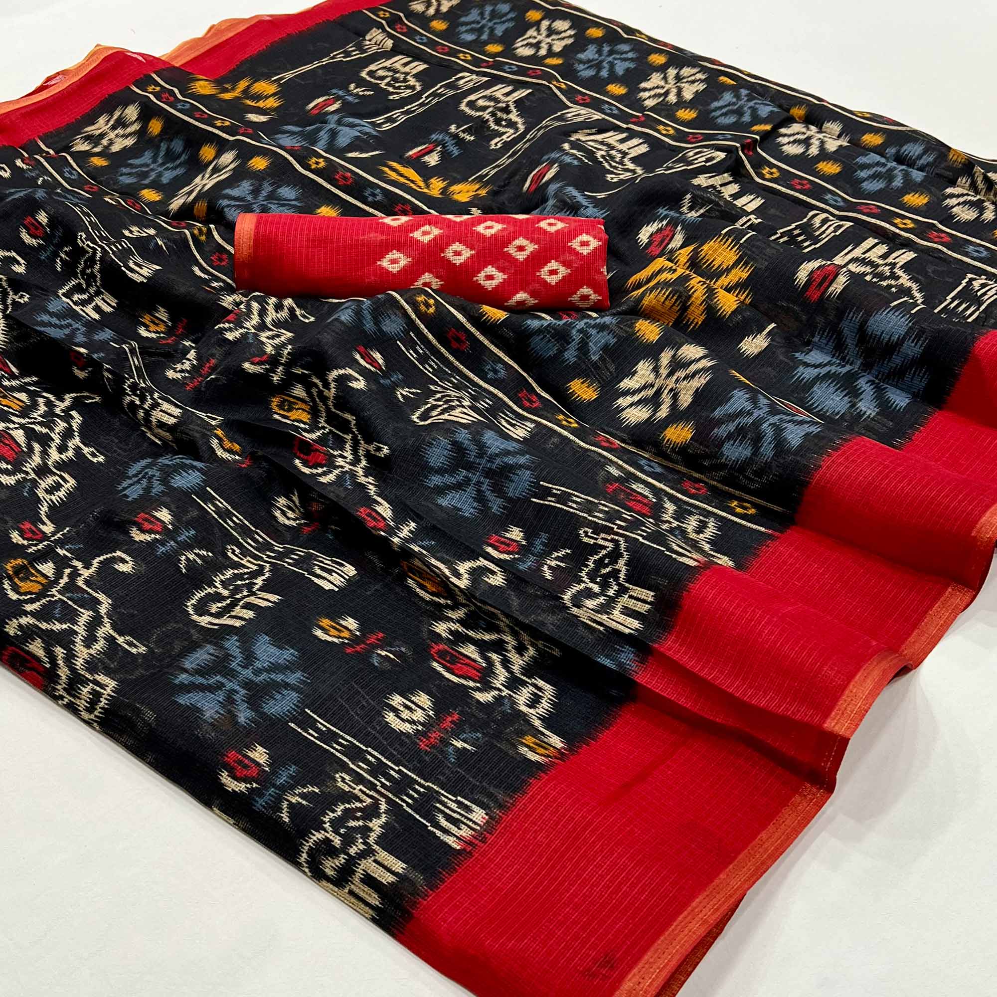 Black Printed Kota Doria Saree With Woven Border