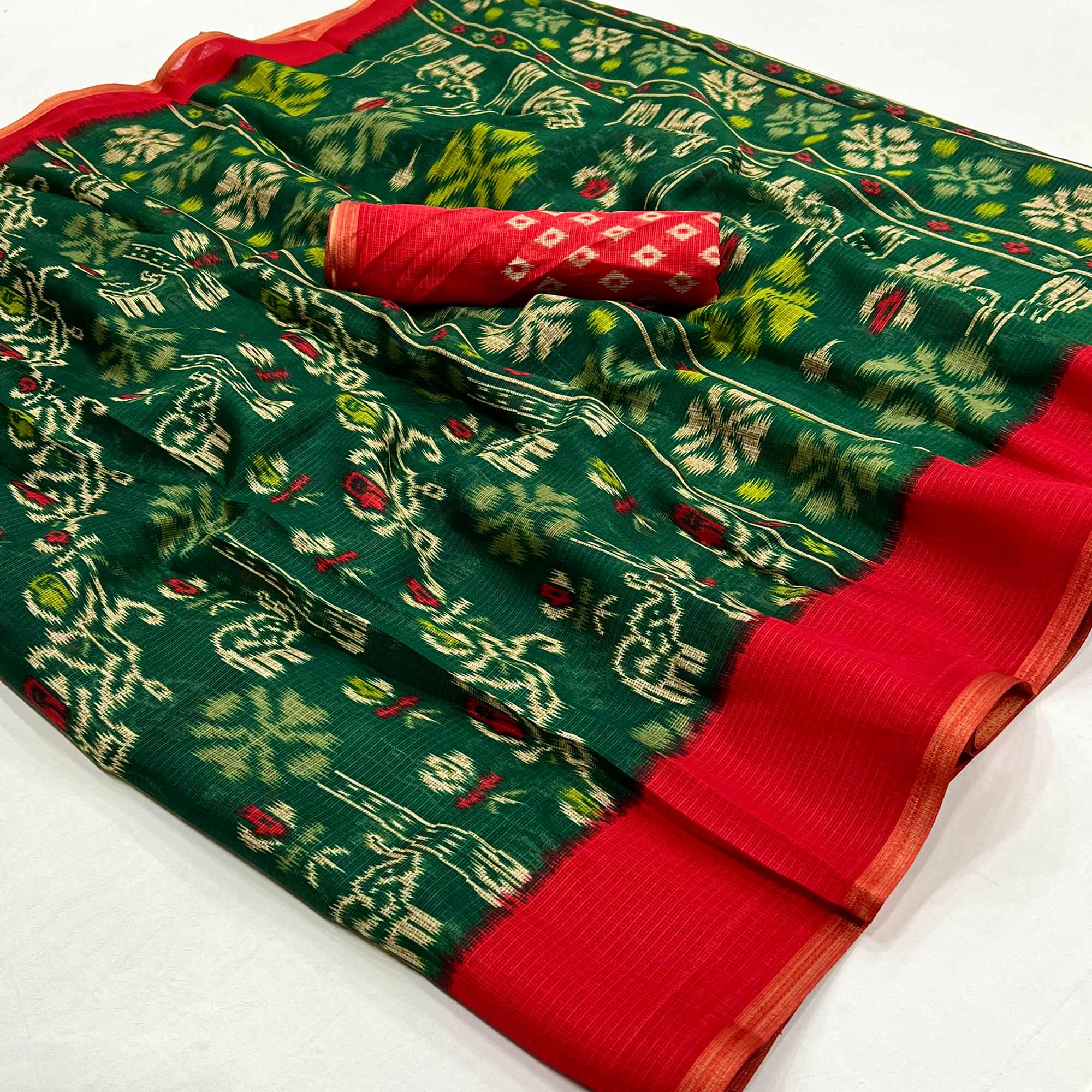 Green Printed Kota Doria Saree With Woven Border
